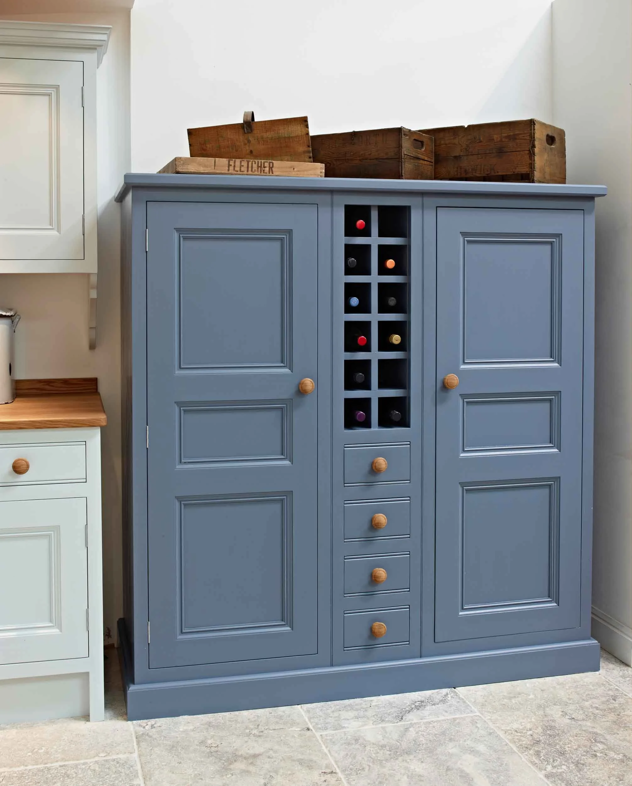 Freestanding cupboard with winerack, painted in Little Greene 'Junpier Ash'