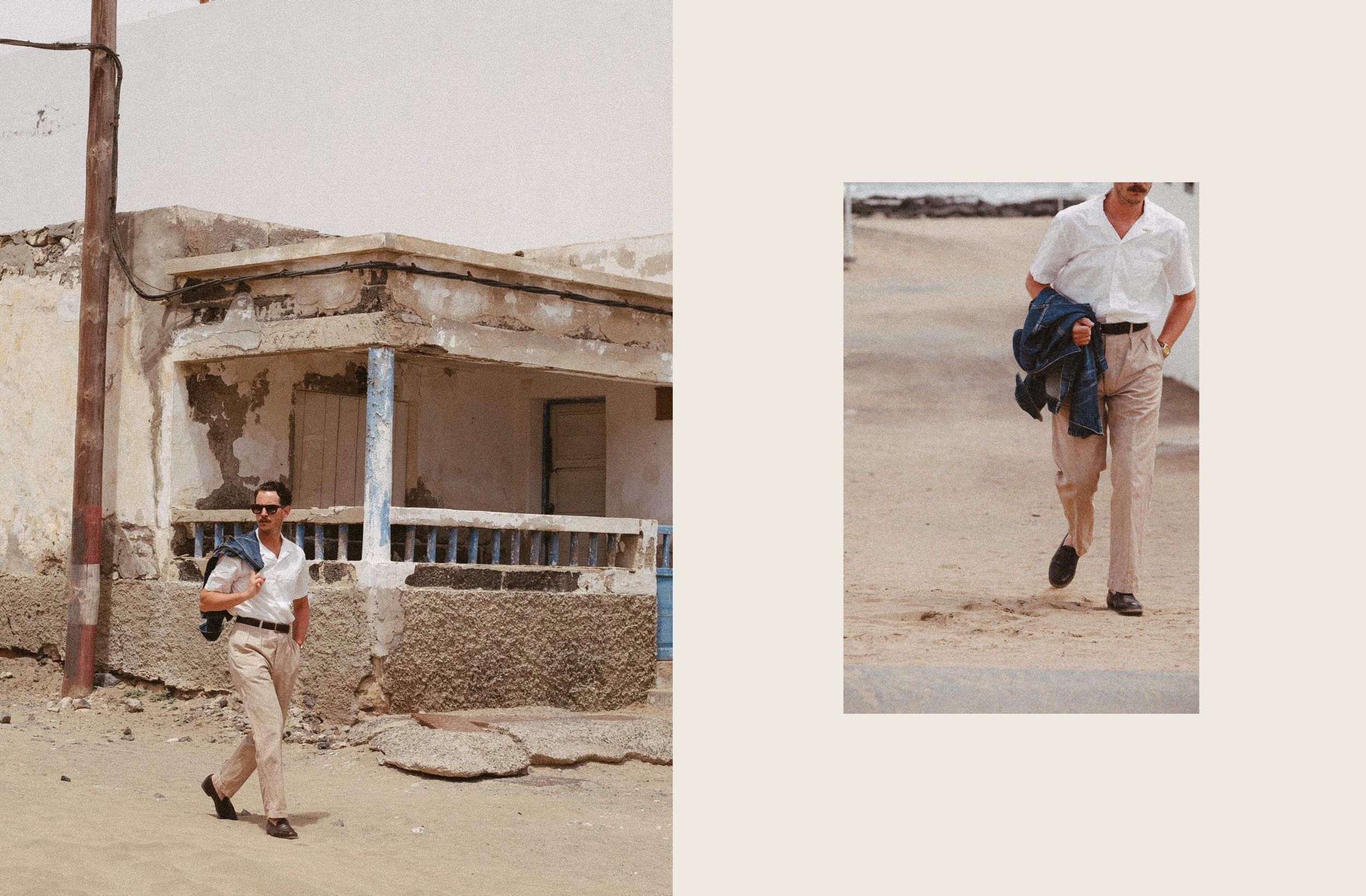 Un homme en pantalon beige et chemise blanche marche sur la plage, tenant une veste sur l'épaule. L'image est divisée en deux parties, avec une vue plus large à gauche montrant la structure d'une maison en ruine et une vue plus zoomée à droite.