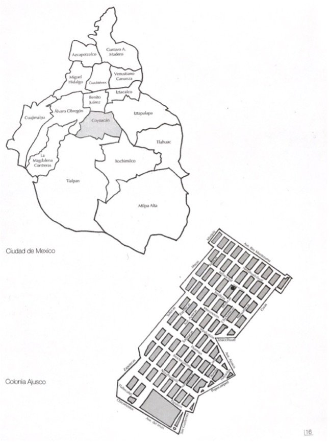 Figure 4. Map of Mexico City with Coyoacán shaded and map of the district of Ajusco. Image in Autoconsstrucción (Cruzvillegas, 2008)