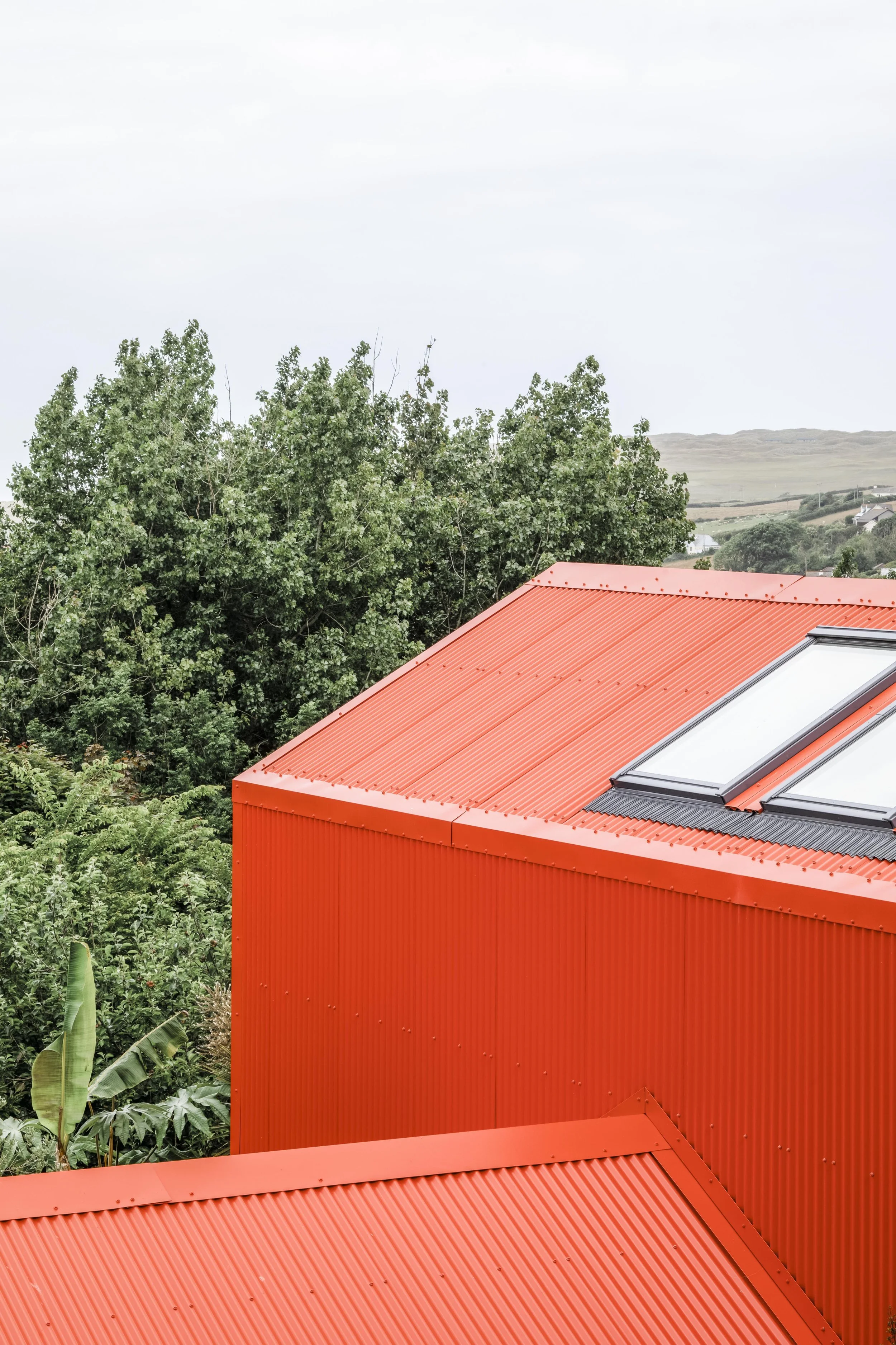 An abstracted view of the building’s rooflines highlights the clarity of form and material choice. Corrugated metal surfaces and integrated rooflights emphasise light, texture, and rhythm, reinforcing the architectural language of the project.