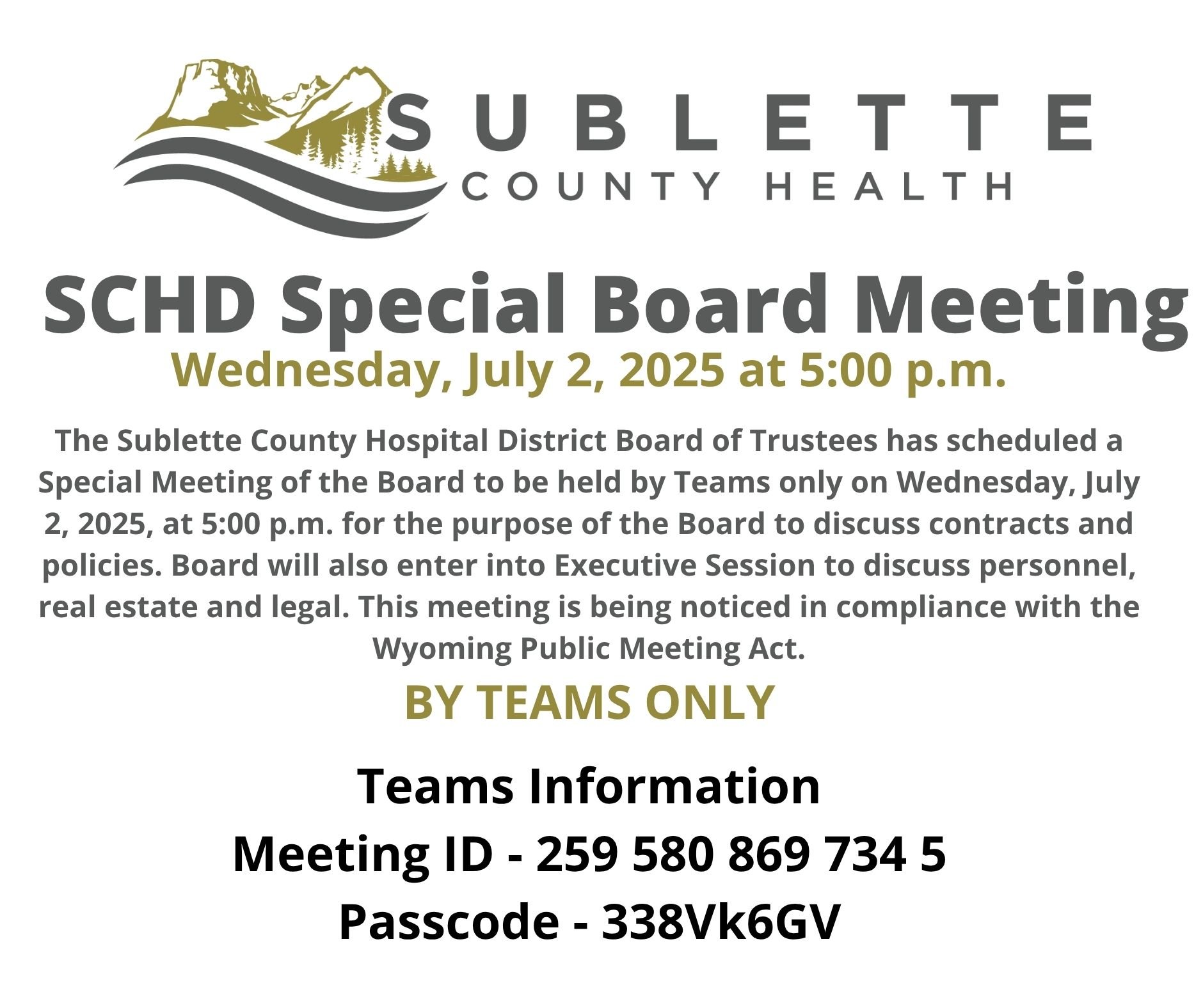 SCHD Special Board Meeting