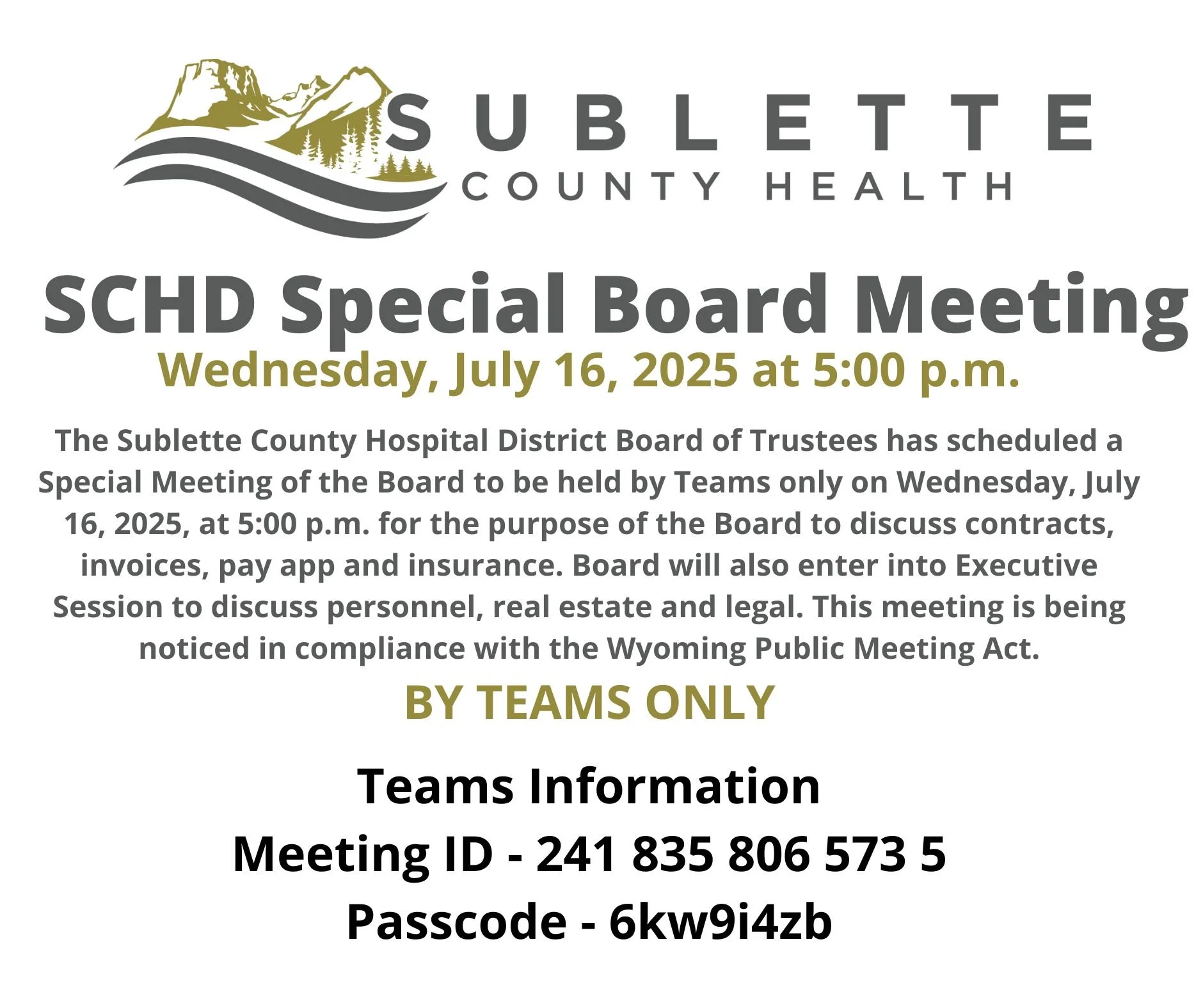 SCHD Special Board Meeting