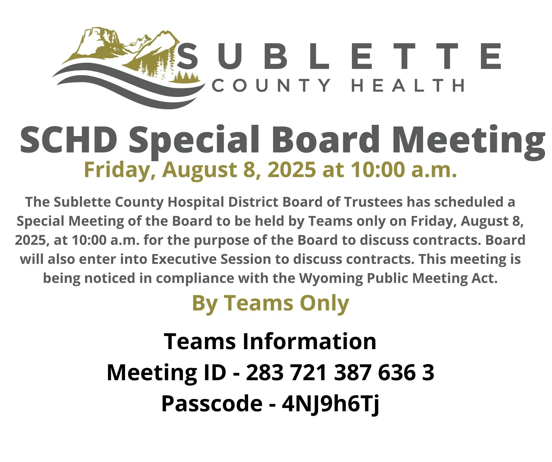 SCHD Special Board Meeting