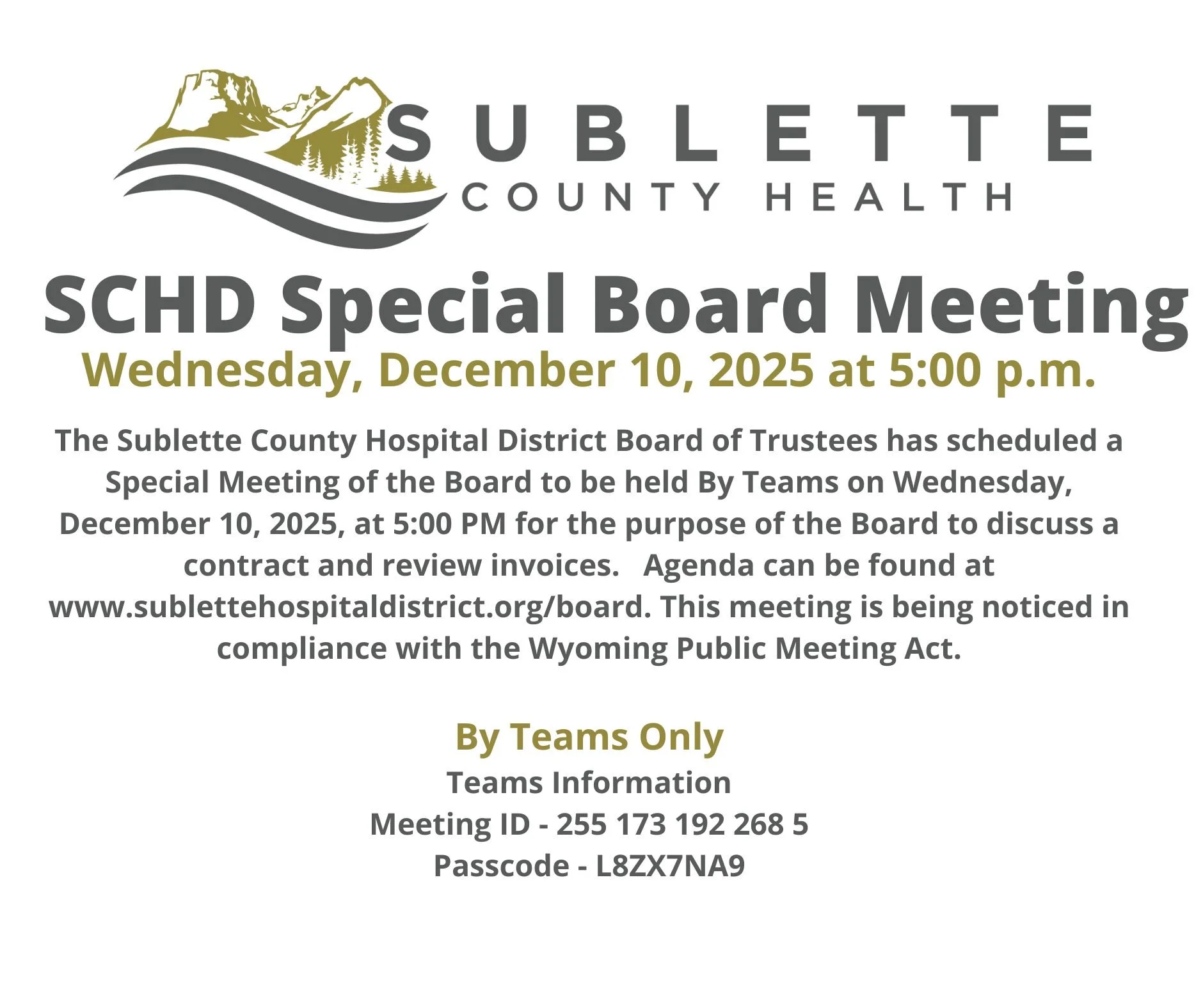 SCHD Special Board Meeting