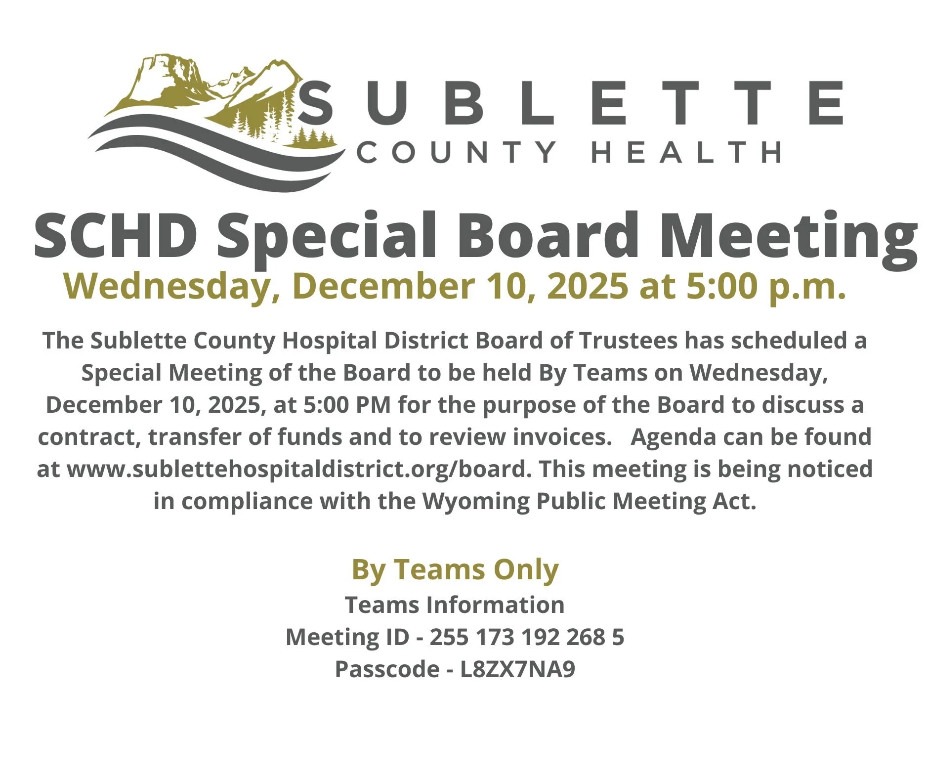 SCHD Special Board Meeting