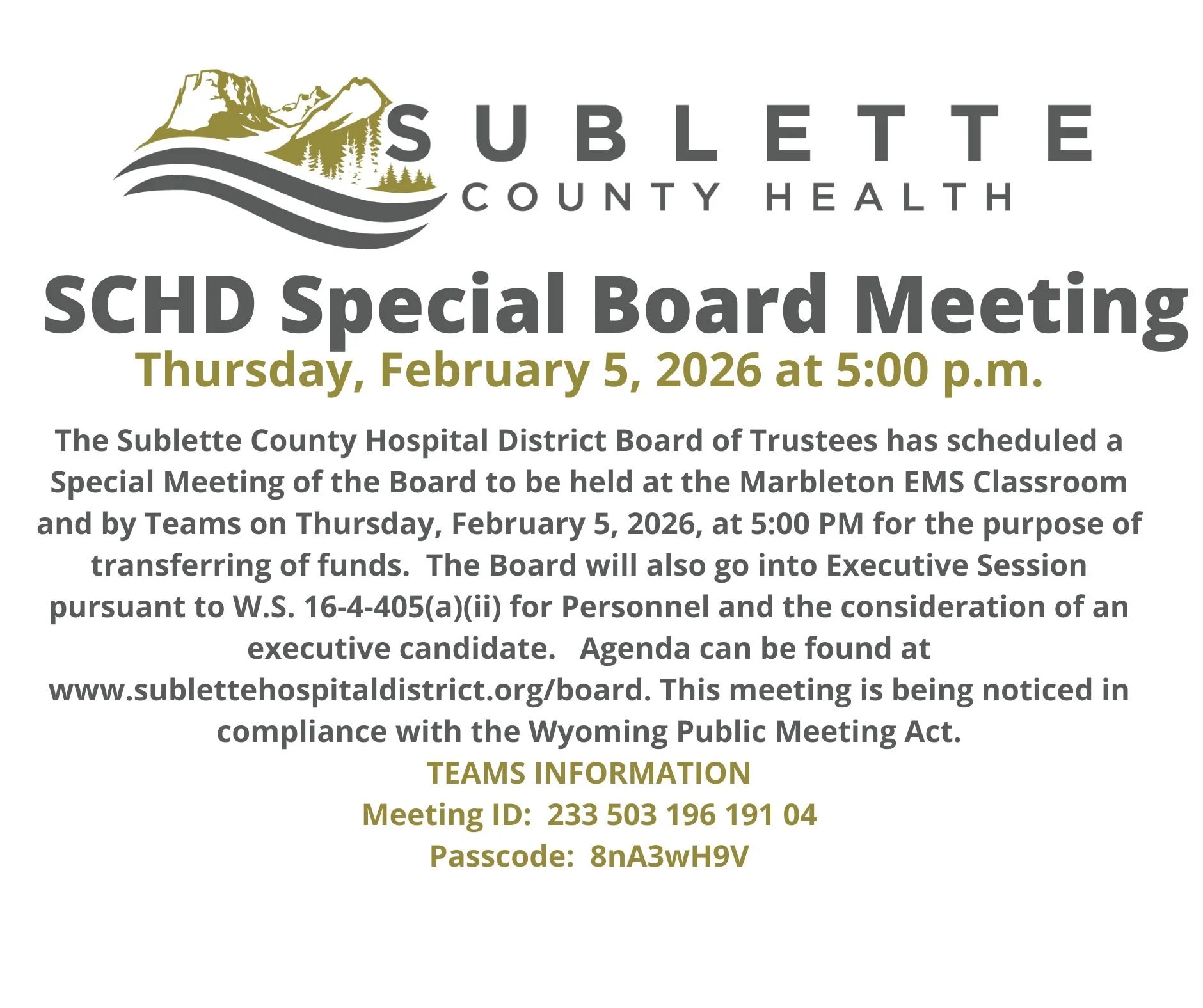 SCHD Special Board Meeting