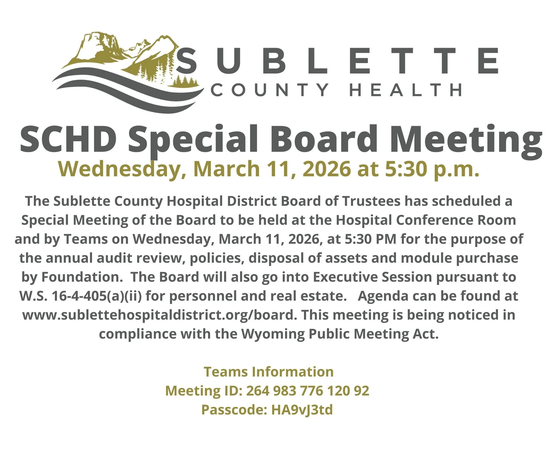SCHD Special Board Meeting