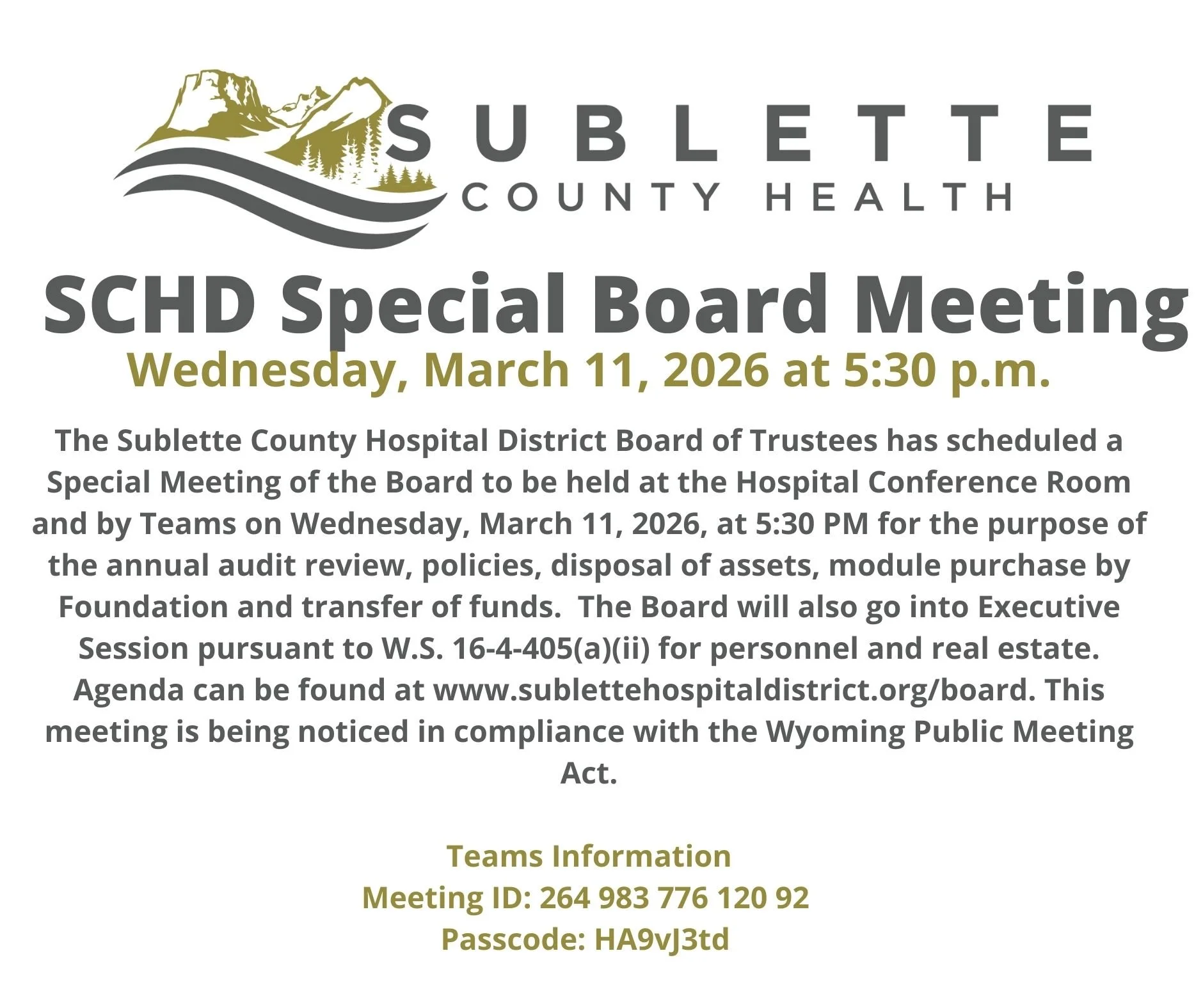 SCHD Special Board Meeting