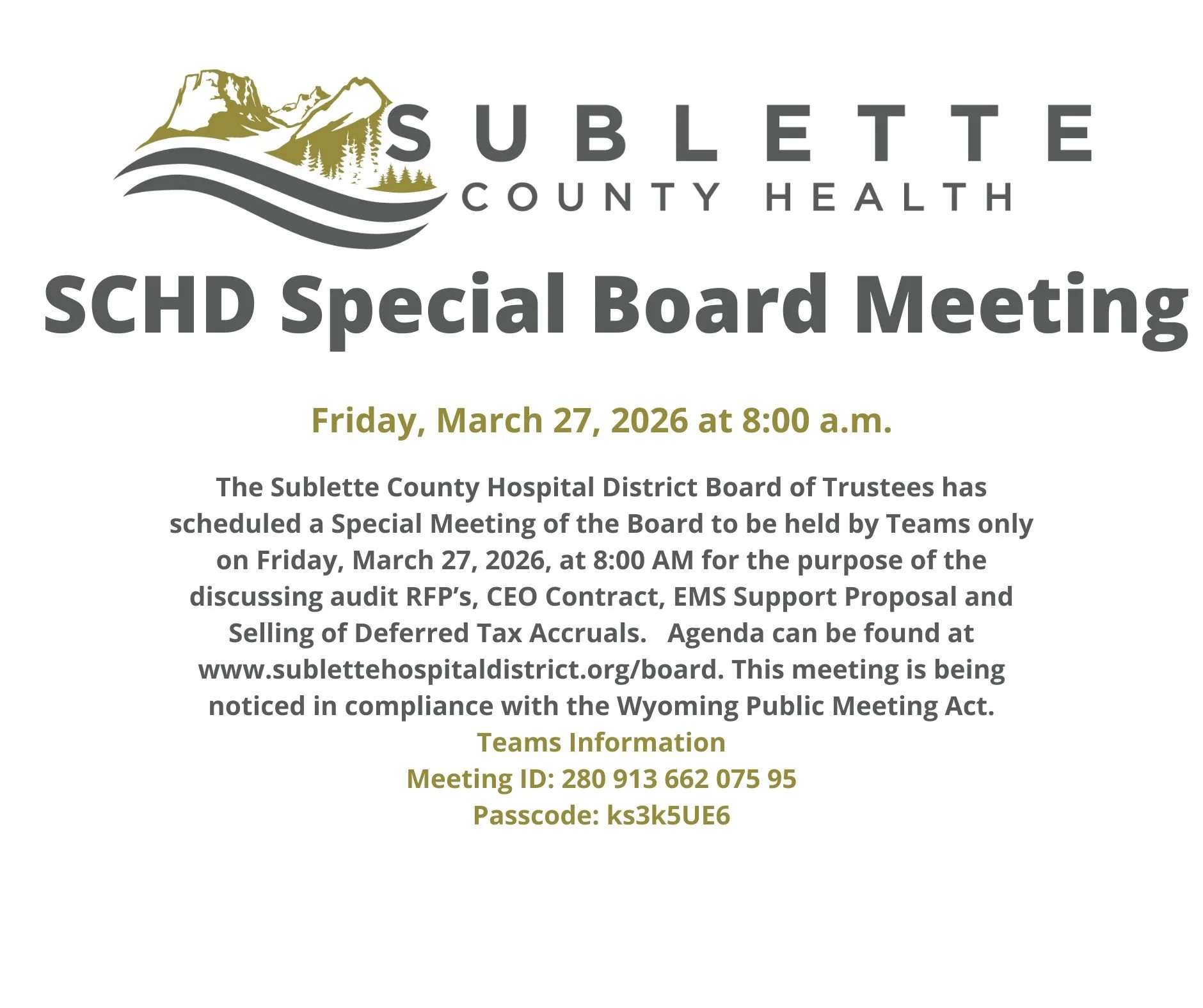 SCHD Special Board Meeting
