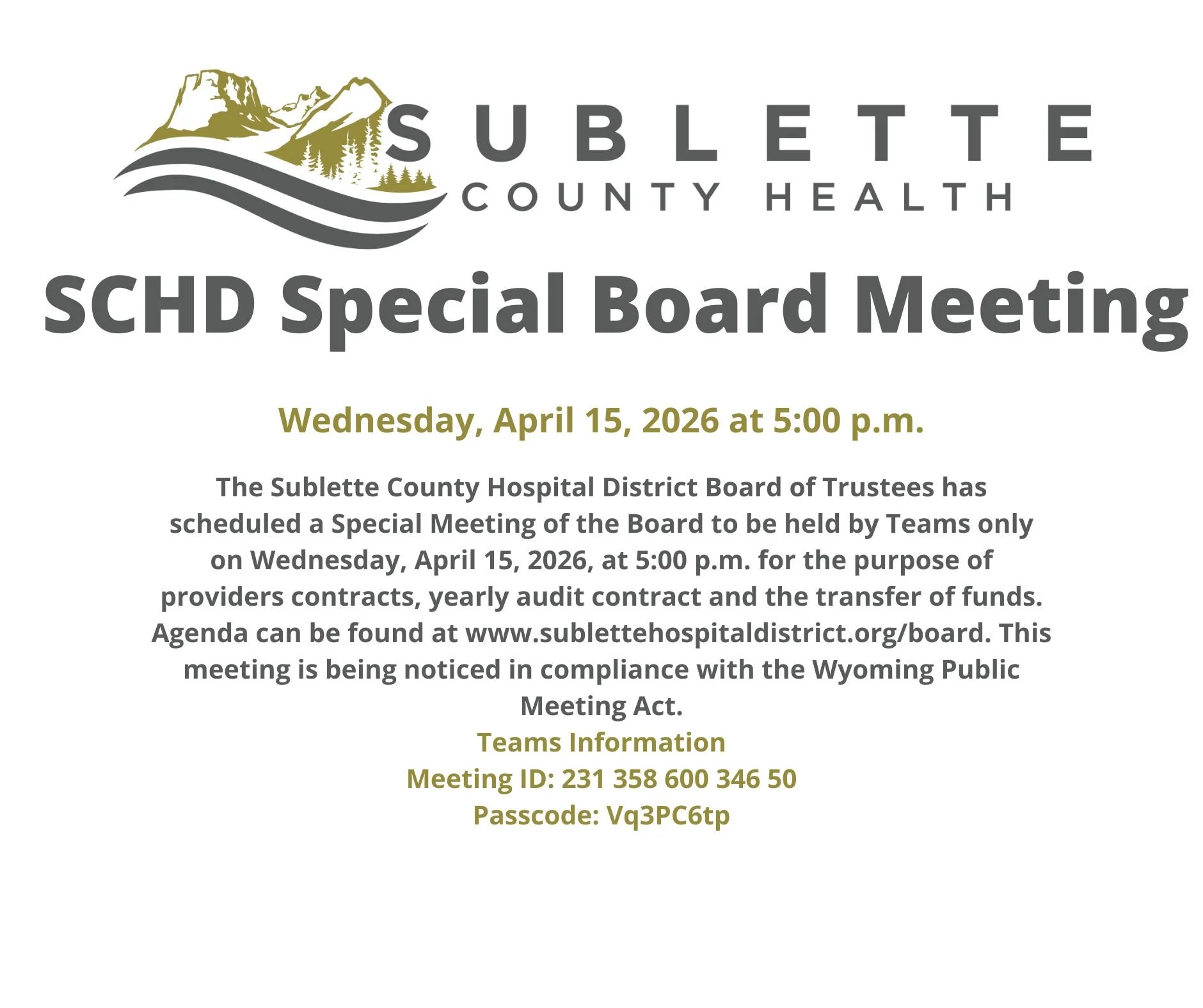 SCHD Special Board Meeting