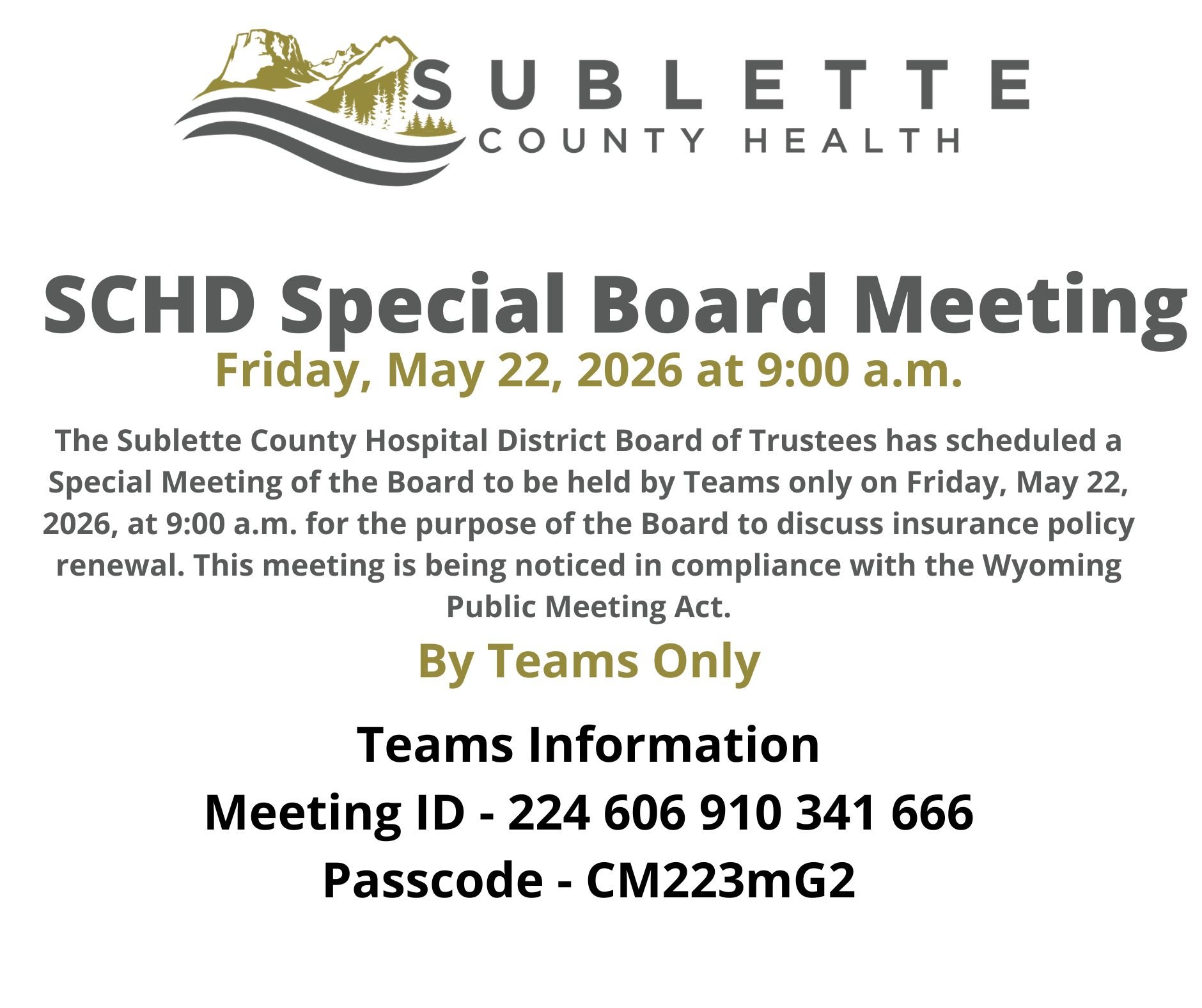 SCHD Special Board Meeting