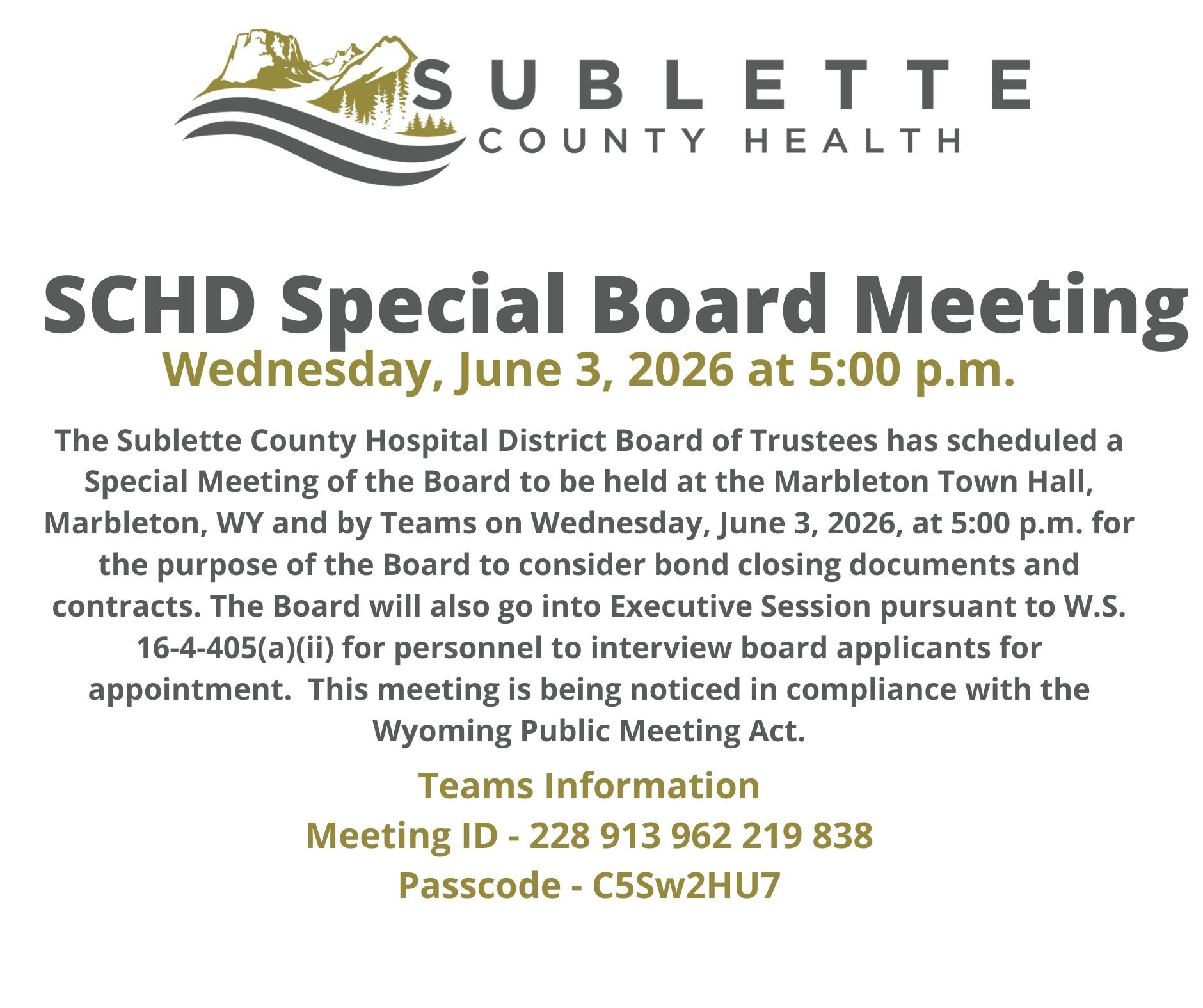 SCHD Special Board Meeting