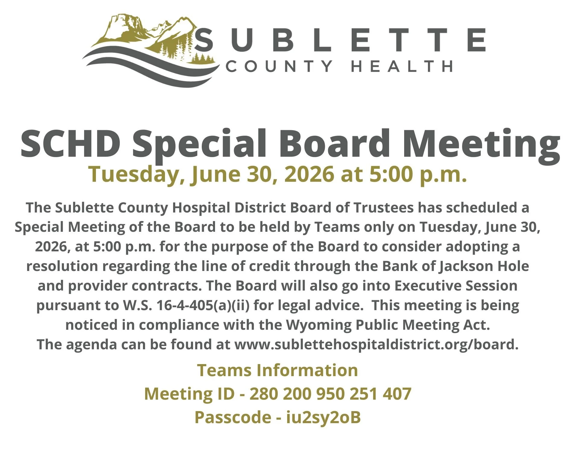 SCHD Special Board Meeting