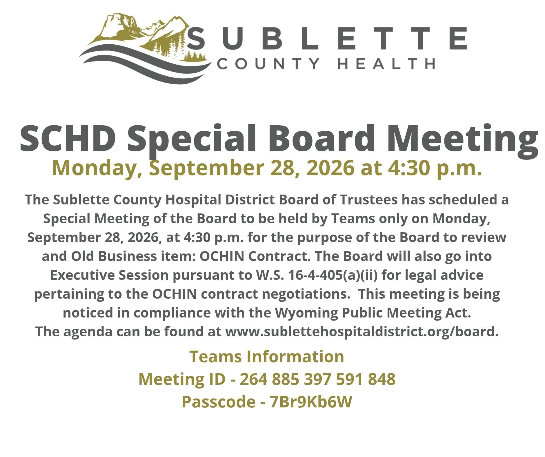 SCHD Special Board Meeting