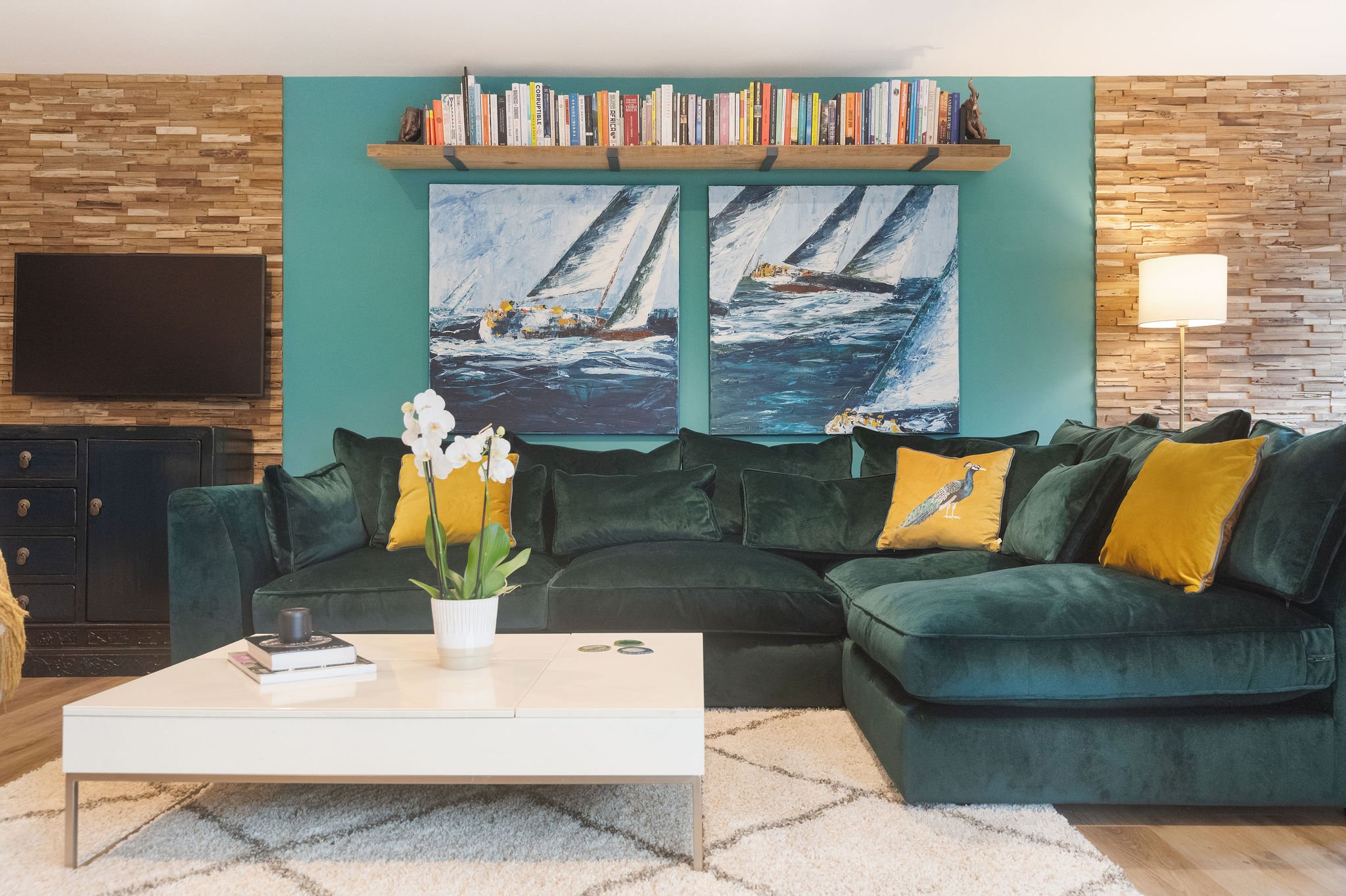 Putney Teal Living Room Design with green sofa.jpg