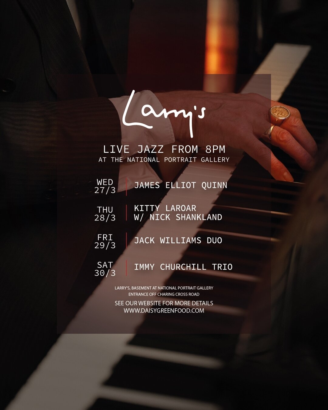 Live at Larry&rsquo;s - 🎺🎹🥁🎷 Live Jazz from Wednesday-Saturday from 8PM till late. 💃🕺 Check out the line up for this week- 27th March- 30th March below ⬇️ ⁣ ⁣

- Wednesday 27th - @jameselliotquinn
-Thursday 28th- @kittylaroar @nickshankland
-Fr