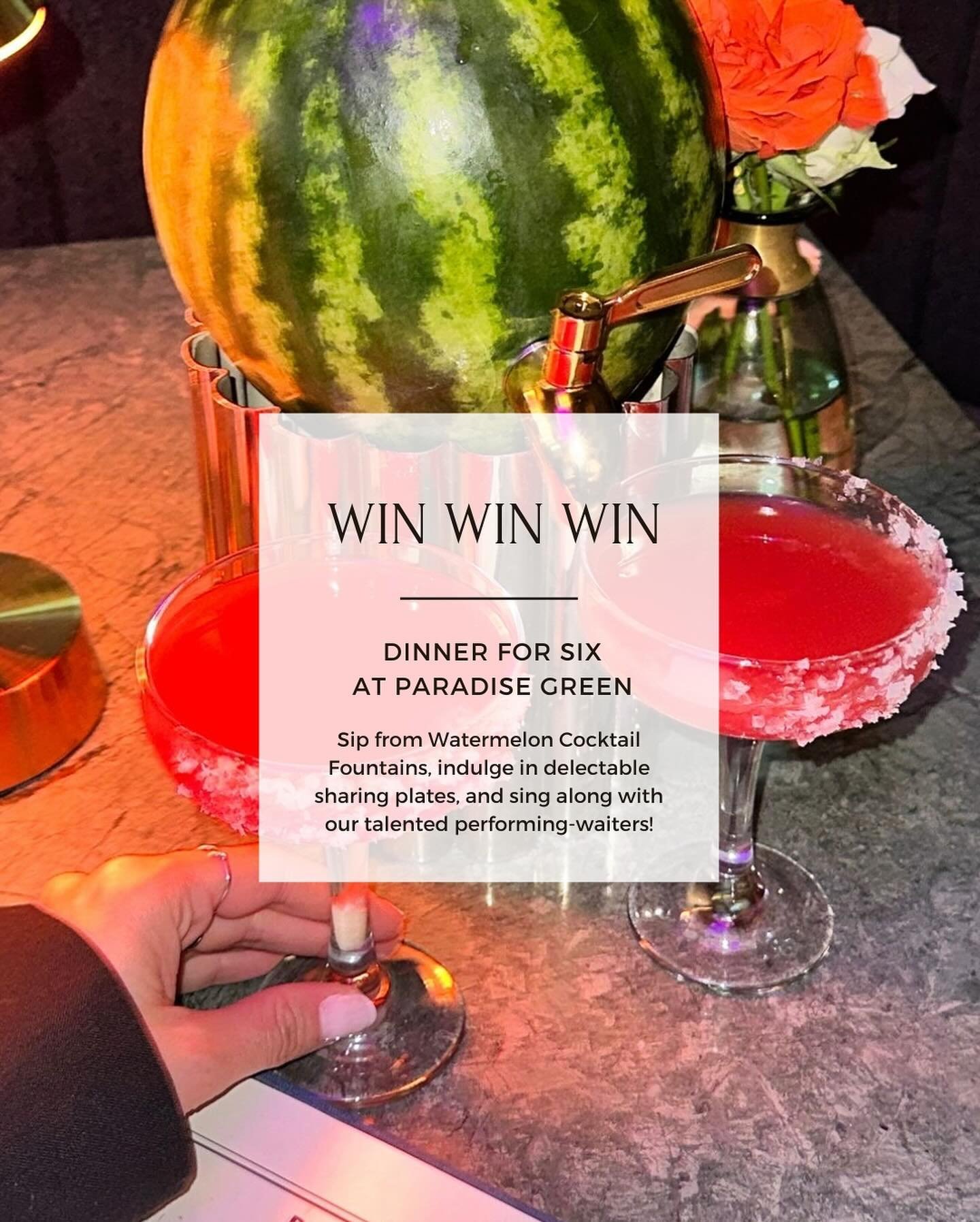 PARADISE NIGHTS COMPETITION ALERT !🏆✨🎁

Join the celebration! 🎉 To mark the launch of Paradise Nights, we&rsquo;re hosting an exciting competition. 

Win a dinner for 6, complete with our famous Watermelon Fountain Cocktails and plenty of deliciou