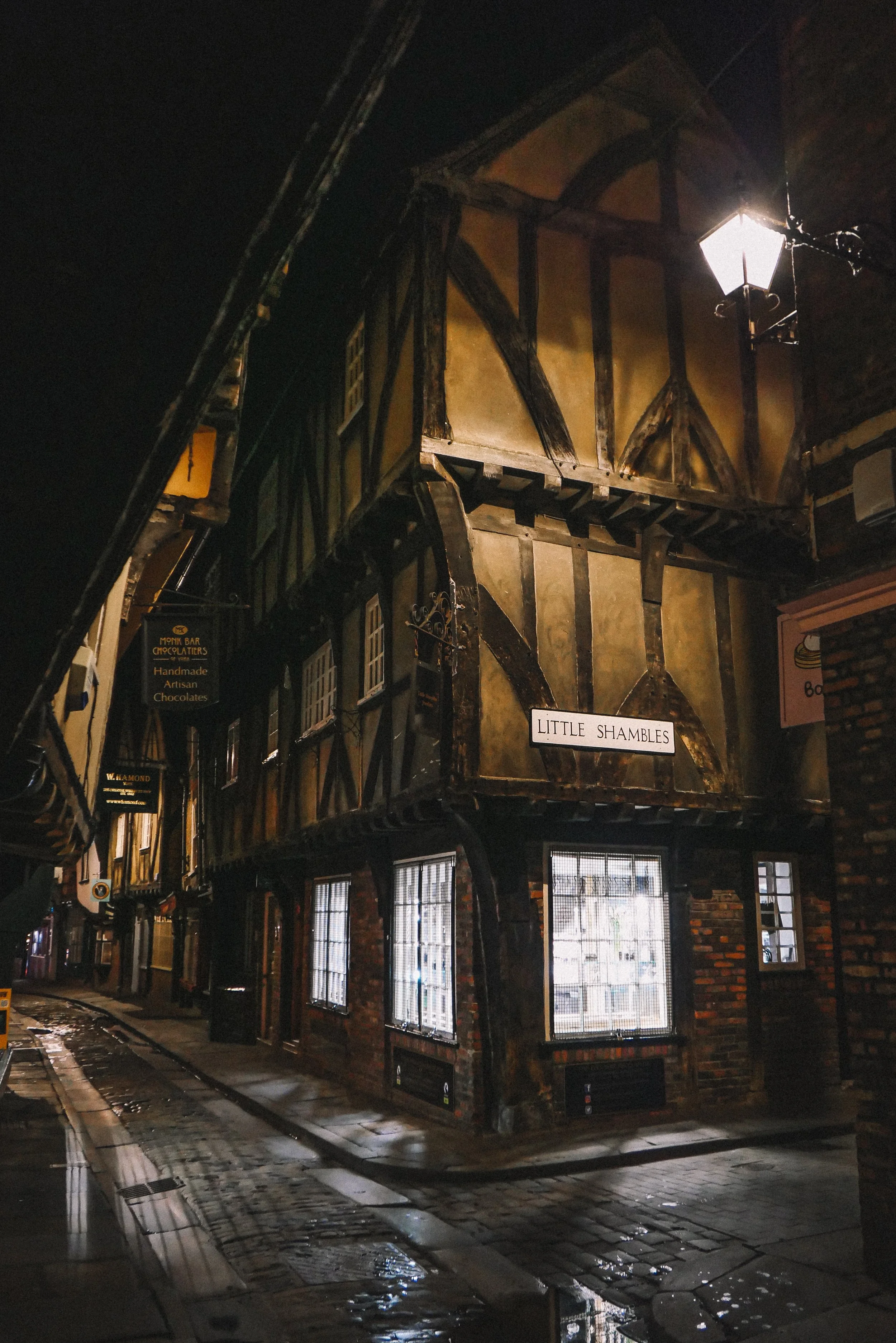 York England the shambles nighttime medieval street