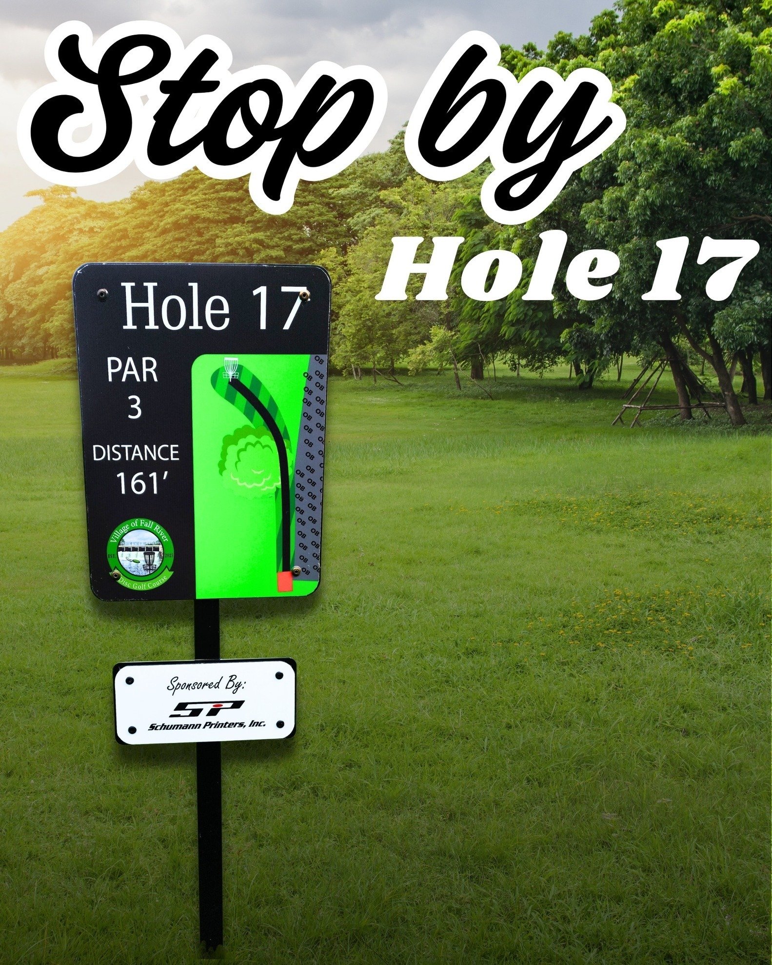 ⛳️ Swing by the Grand Opening of The Fall River Disc Golf Course hosted by The Village of Fall River this Saturday, June 28! Starting at 10am. 

Schumann Printers is the official sponsor of Hole 17 &mdash; Come see us at Hole 17 and join the fun! 🎉
