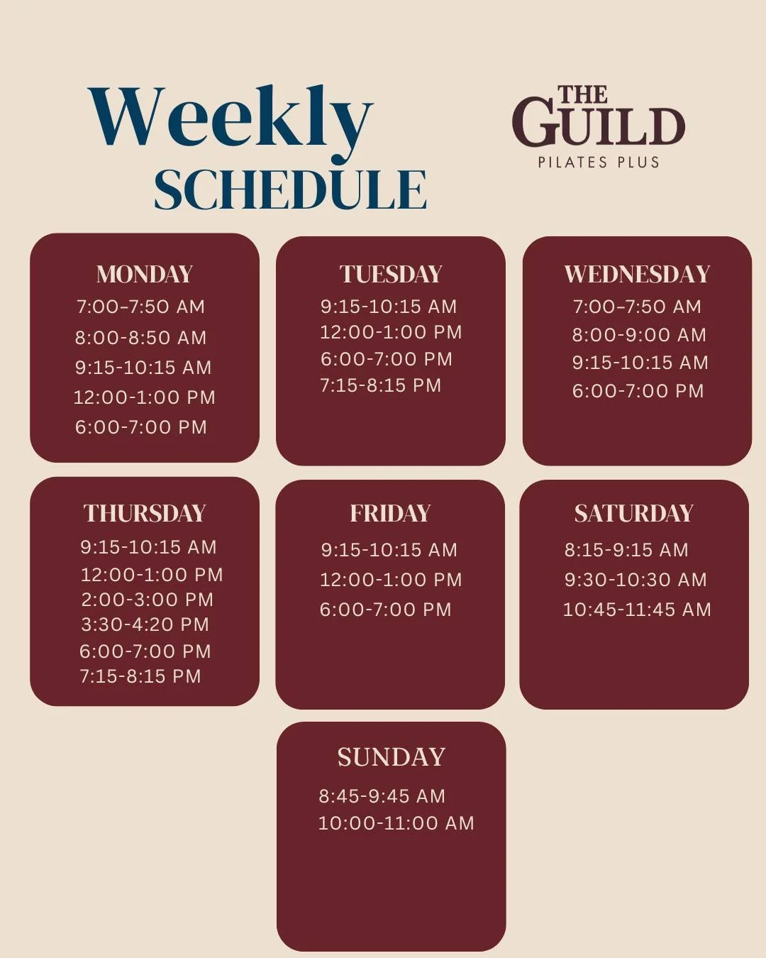 With classes offered every day of the week, there is always time to move in a way that supports your body. Whether you are just getting started or building on your practice, there is a place for you here.

Find a class that fits your schedule and boo