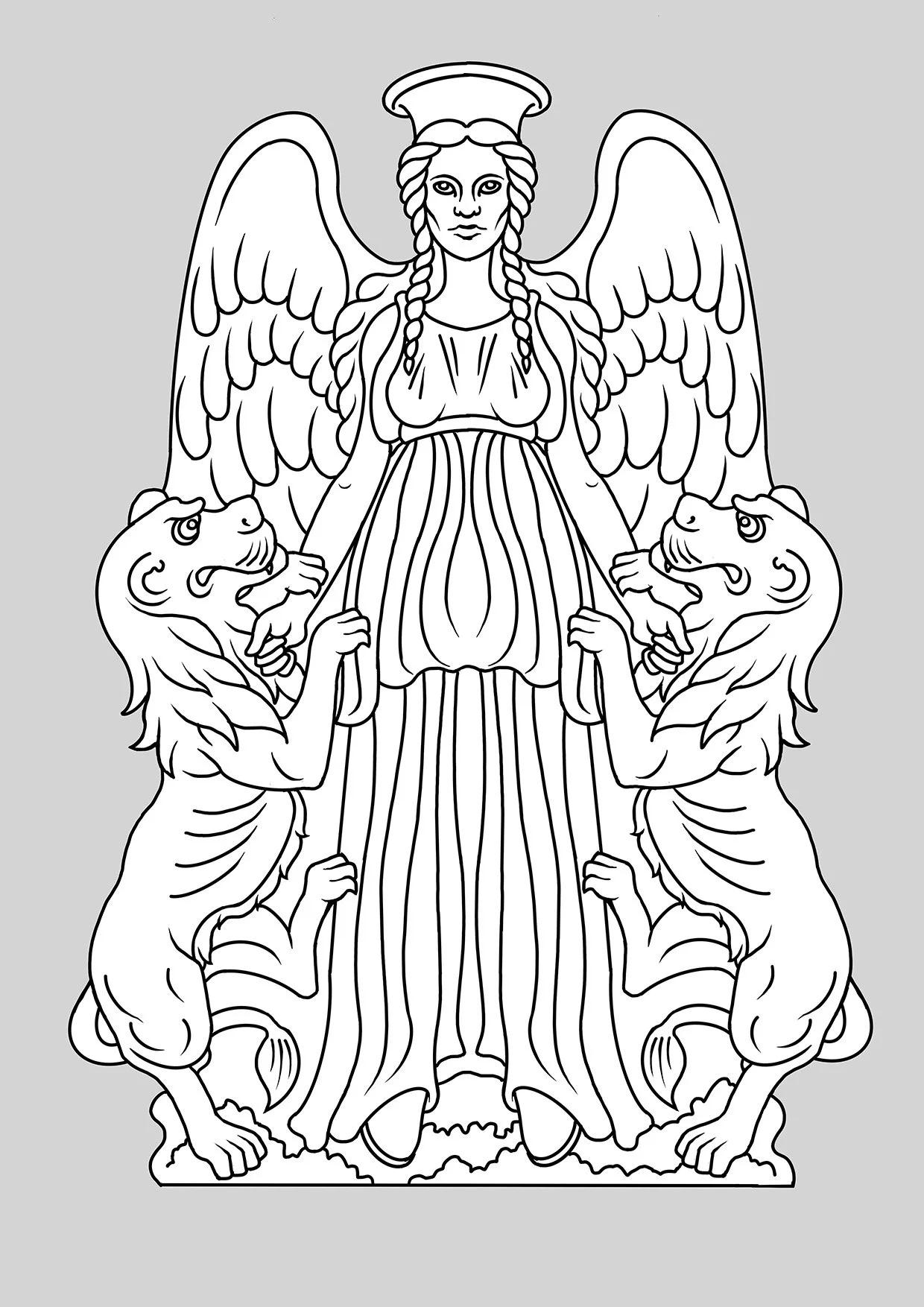 Diagrammatic reconstruction of one of the ancient Roman terracotta Potnia Theron antefixes from the roof of Minturnae Temple, Italy  Vector illustration. Created for an academic paper by Prof. Sophie Crawford-Brown of Rice University, U.S.A. © Jennie
