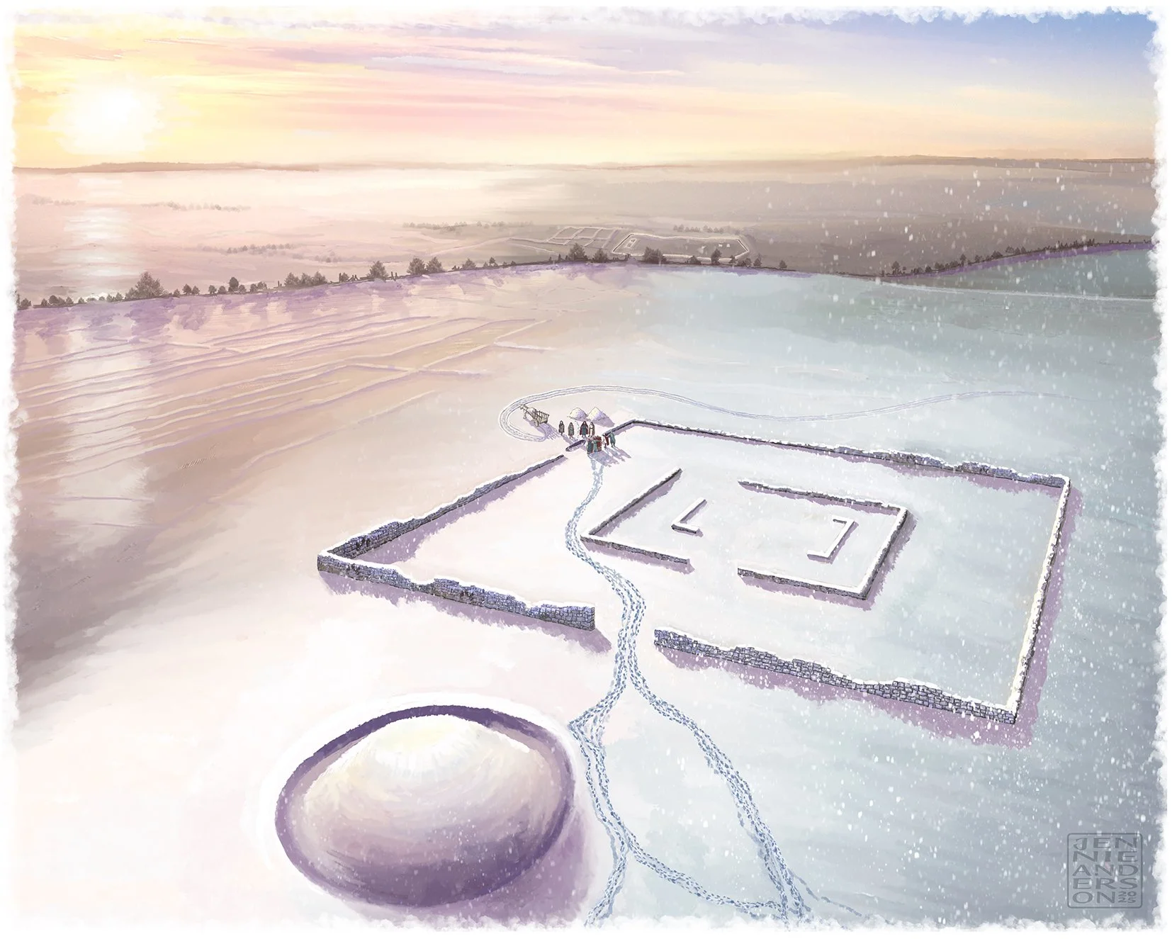 An Anglo-Saxon burial taking place amongst the remains of Roman architecture on Lowbury Hill, located near the Ridgeway in Oxfordshire. Digital illustration commissioned by Cotswold Archaeology for The Ridgeway Project. 
© Jennie Anderson Archaeologi
