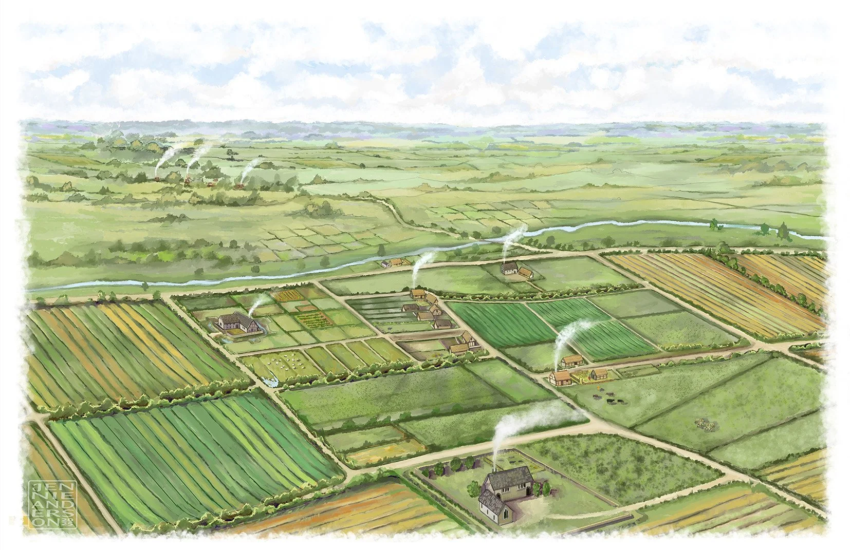 The 14th Century villages of Lytes Cary and Tuckers Cary, Somerset. Digital illustration, commissioned by The National Trust, for information boards at Lytes Cary Manor.
© Jennie Anderson Archaeological Illustration 2025. 