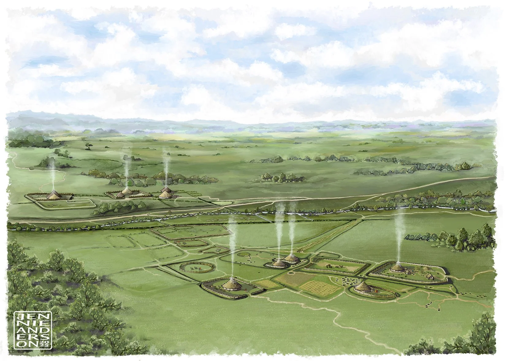 An Iron Age settlement excavated to the west of Northampton, UK. Digital illustration, commissioned by Cotswold Archaeology. 
© Jennie Anderson Archaeological Illustration 2024.
