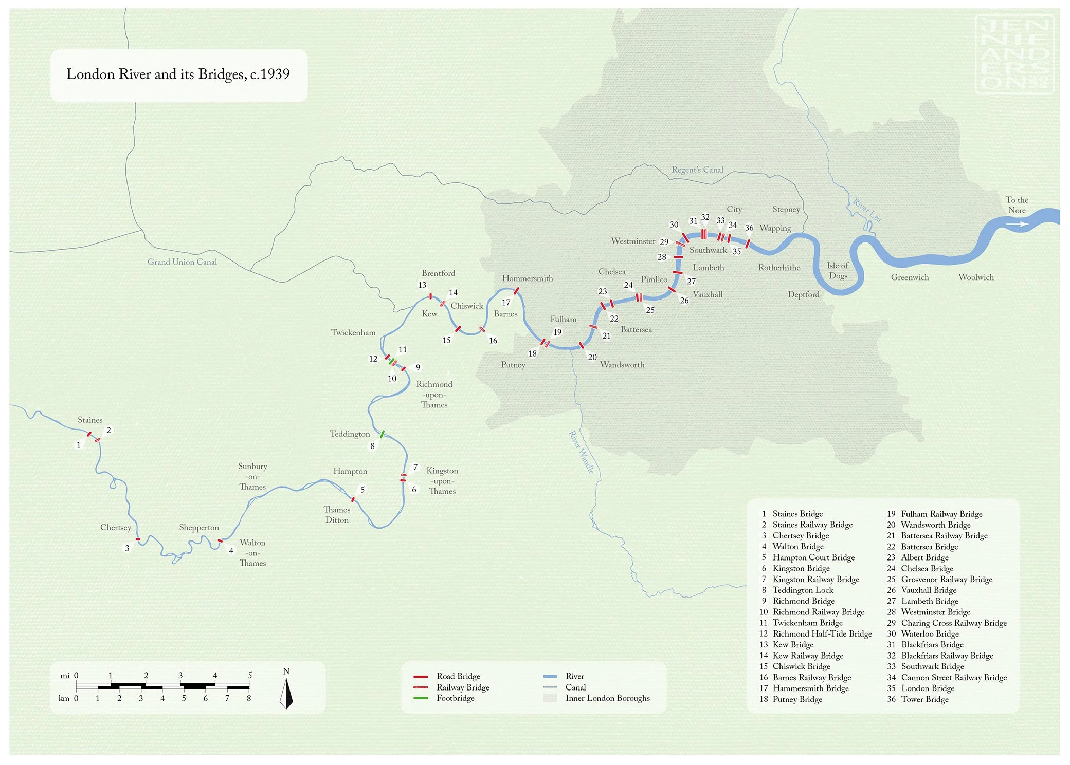 Map of the River Thames and its bridges, as of 1939. Vector illustration. Commissioned for the inner covers of the recently published 'Waterloo Bridge and London River: Investigations and Reflections' by architectural historian Andrew Saint. 