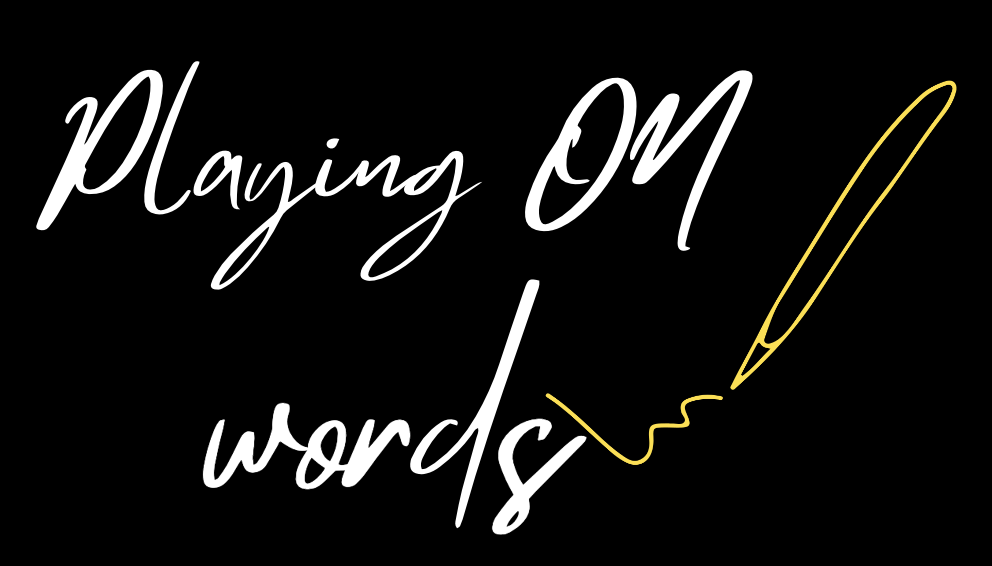 Illustration of the phrase 'Playing with words' written in cursive script with a yellow ink pen drawing a line through the word 'words' on a black background.
