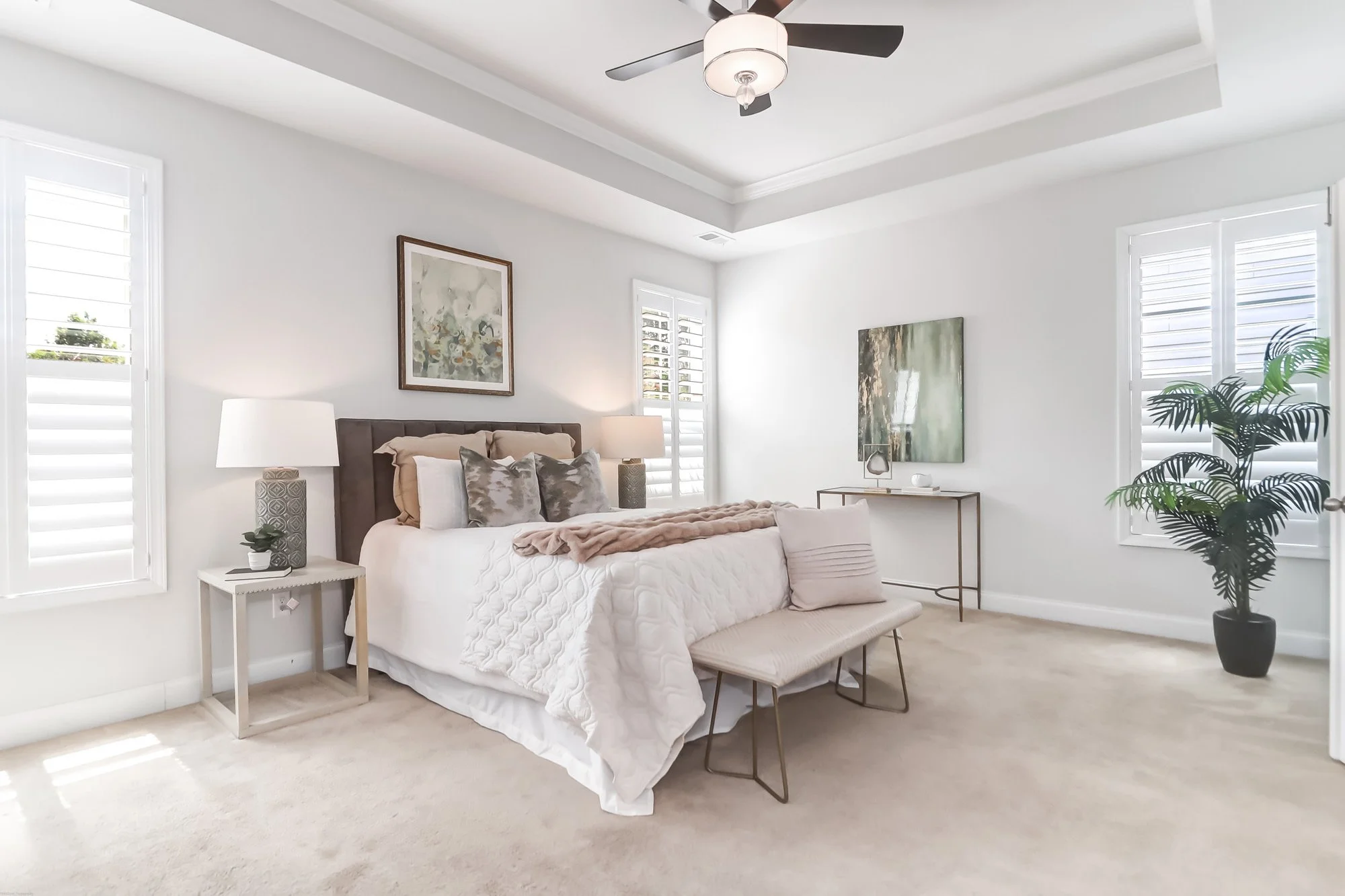 large bedroom, bench, nightstands and artwork  - Staging a Bedroom, charleston, SC