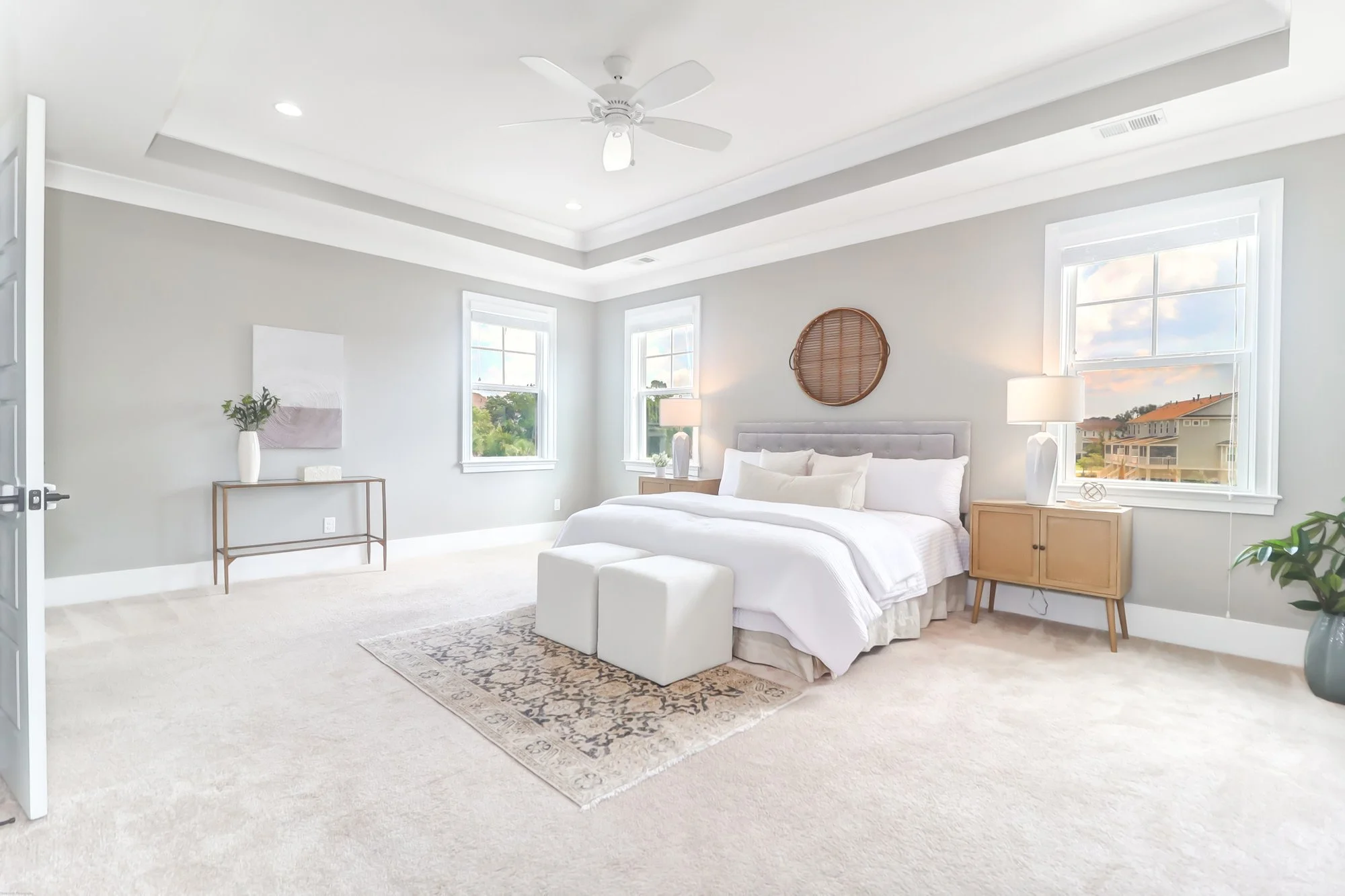 huge bedroom with matching nightstands and table