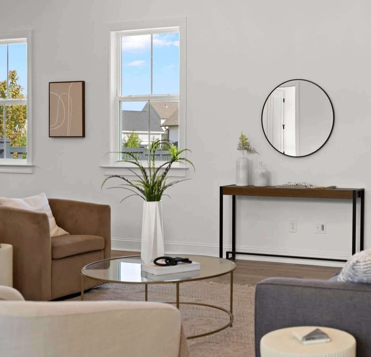 den with coffee table, chairs and console table