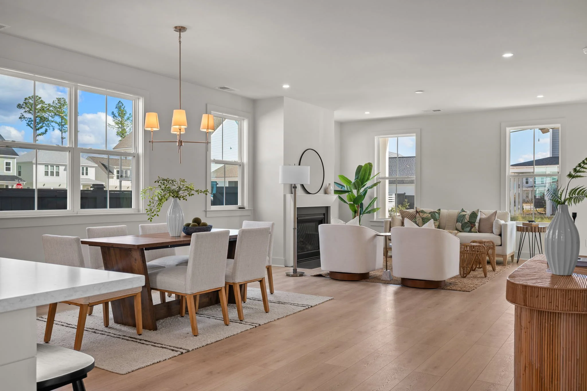 gorgeous kitchen and living room setup with modern furniture