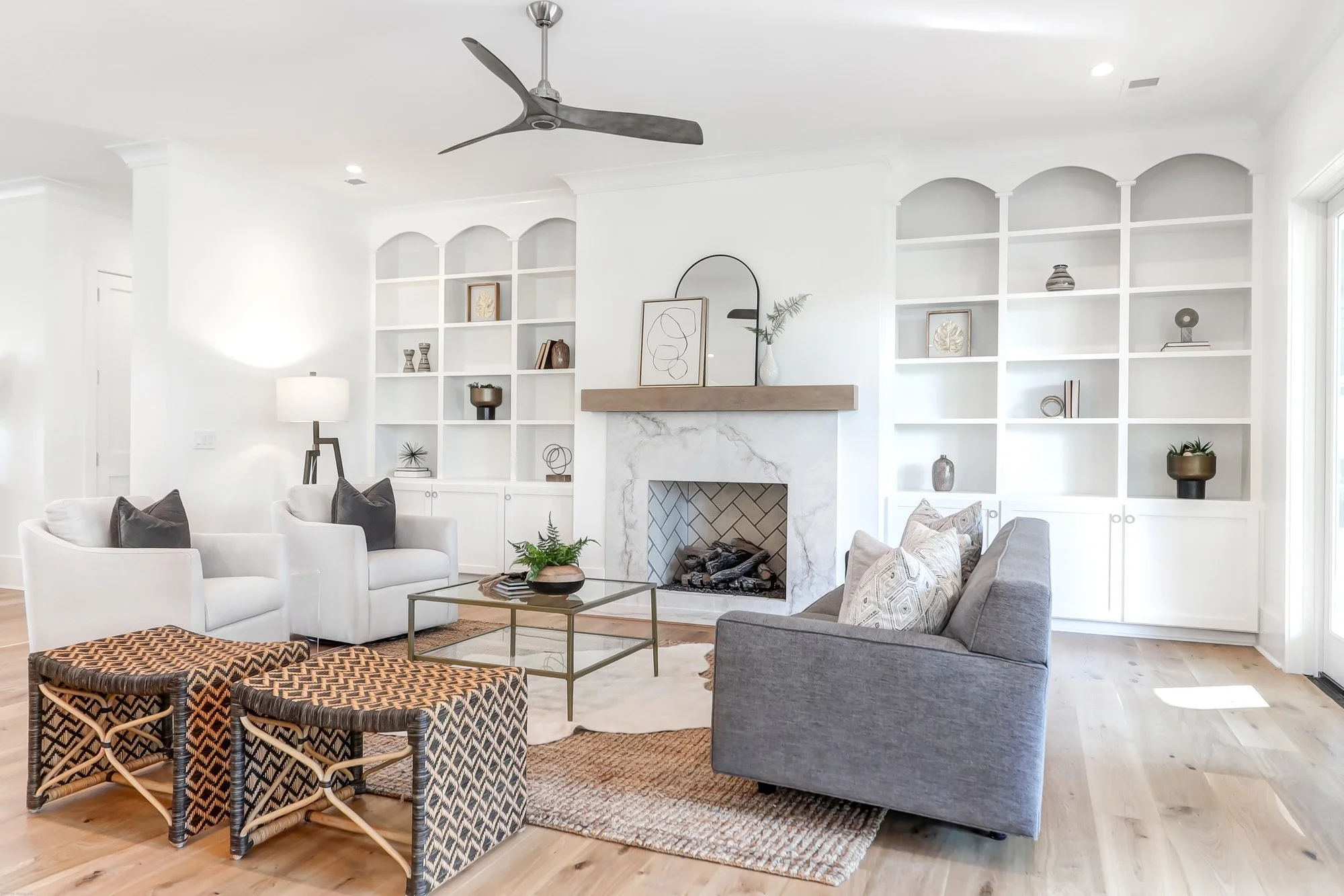 wicker seats, couch, and coffee table