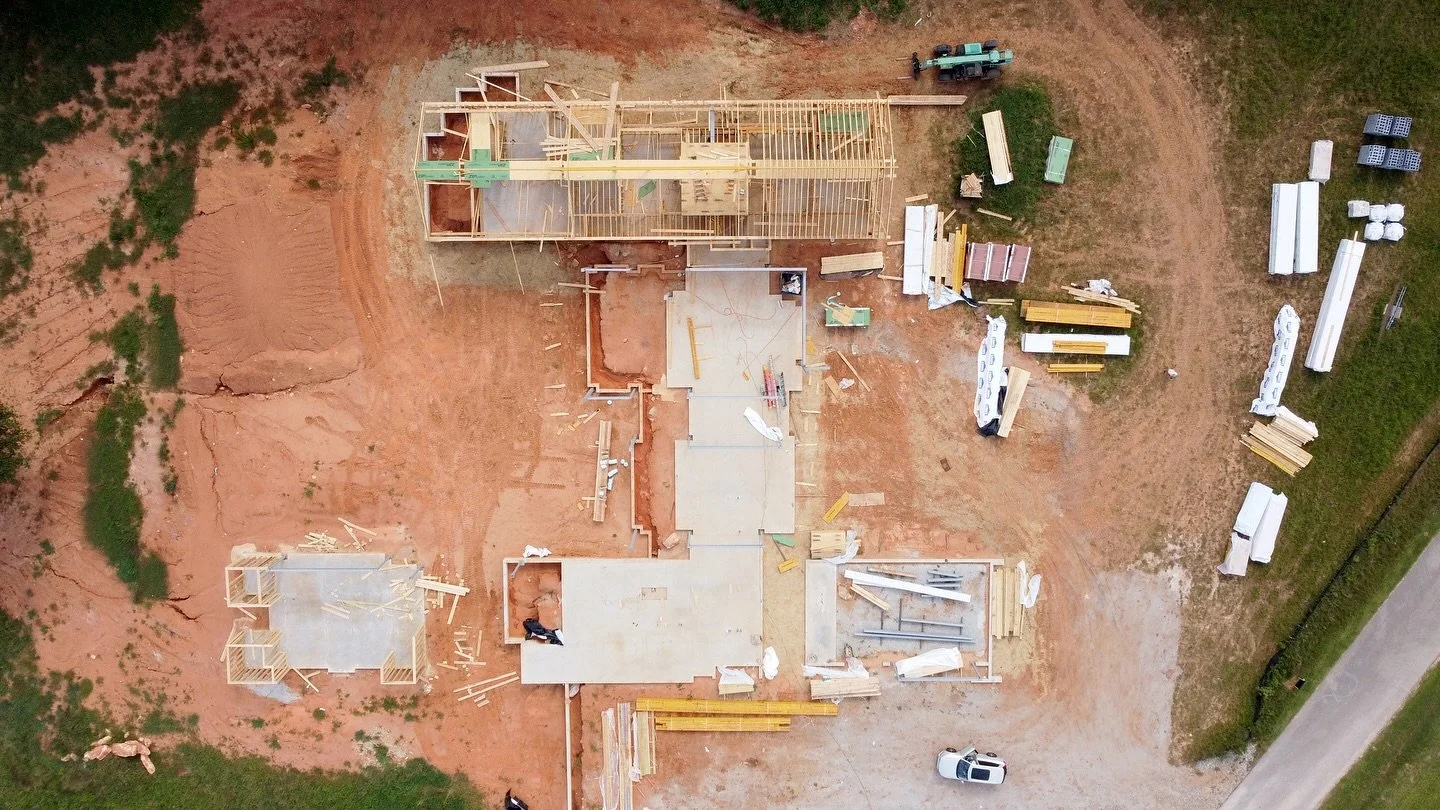 Recent construction progress of our Bramlett Road House. 
Informed by local vernacular but unapologetically contemporary, this single-family house is designed as a series of linked gabled volumes, each defining its use and contributing to a clear geo