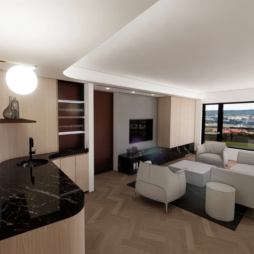Design development for the living room in our Central Park South project focusing on a refined material palette and integrated functionality. 
The built-in bar provides additional functionality, while the millwork at the media wall conceals mechanica