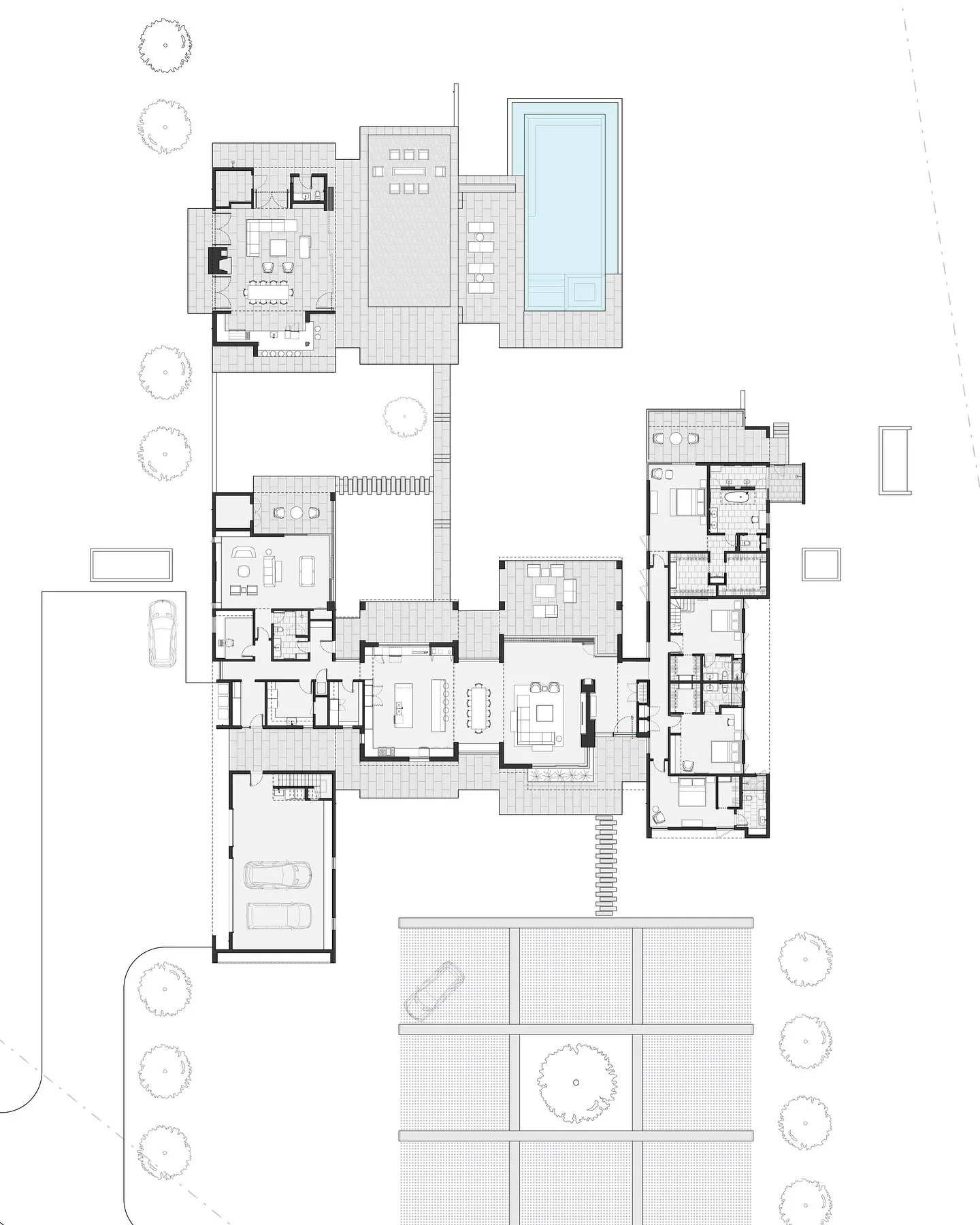 Geometric logic underlying the plan of our Bramlett Road House project.

A series of linear volumes, each housing a distinct program, are linked into a simple composition. This geometry extends into the landscape, maintaining clarity, simplicity, and