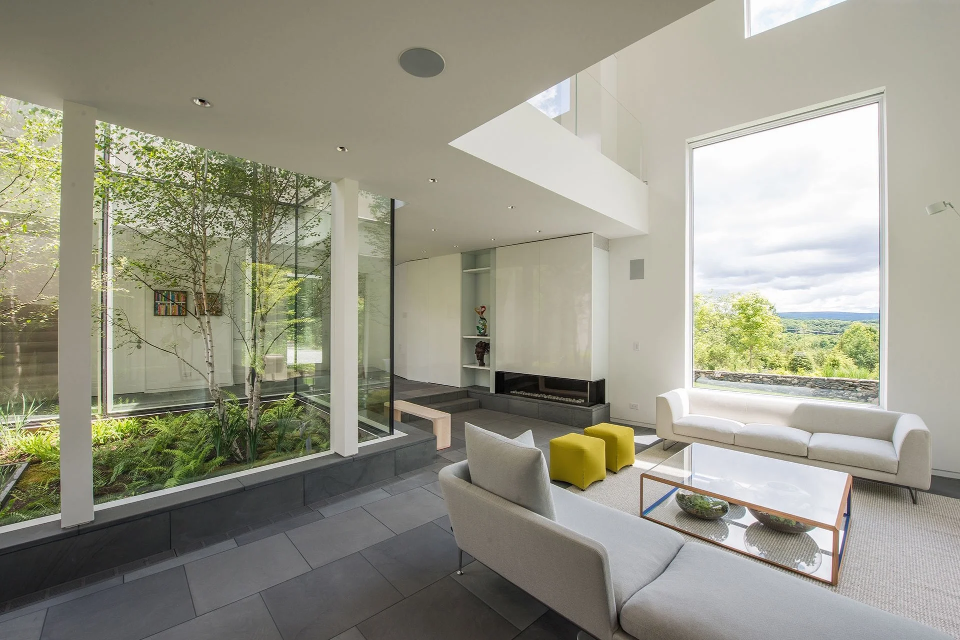 The double-height open living space of our Hudson River Valley House project.

A window wall surrounds the interior courtyard bringing in its landcape of birch, ferns, moss, and reflecting pool. Large sapele windows are strategically placed to captur