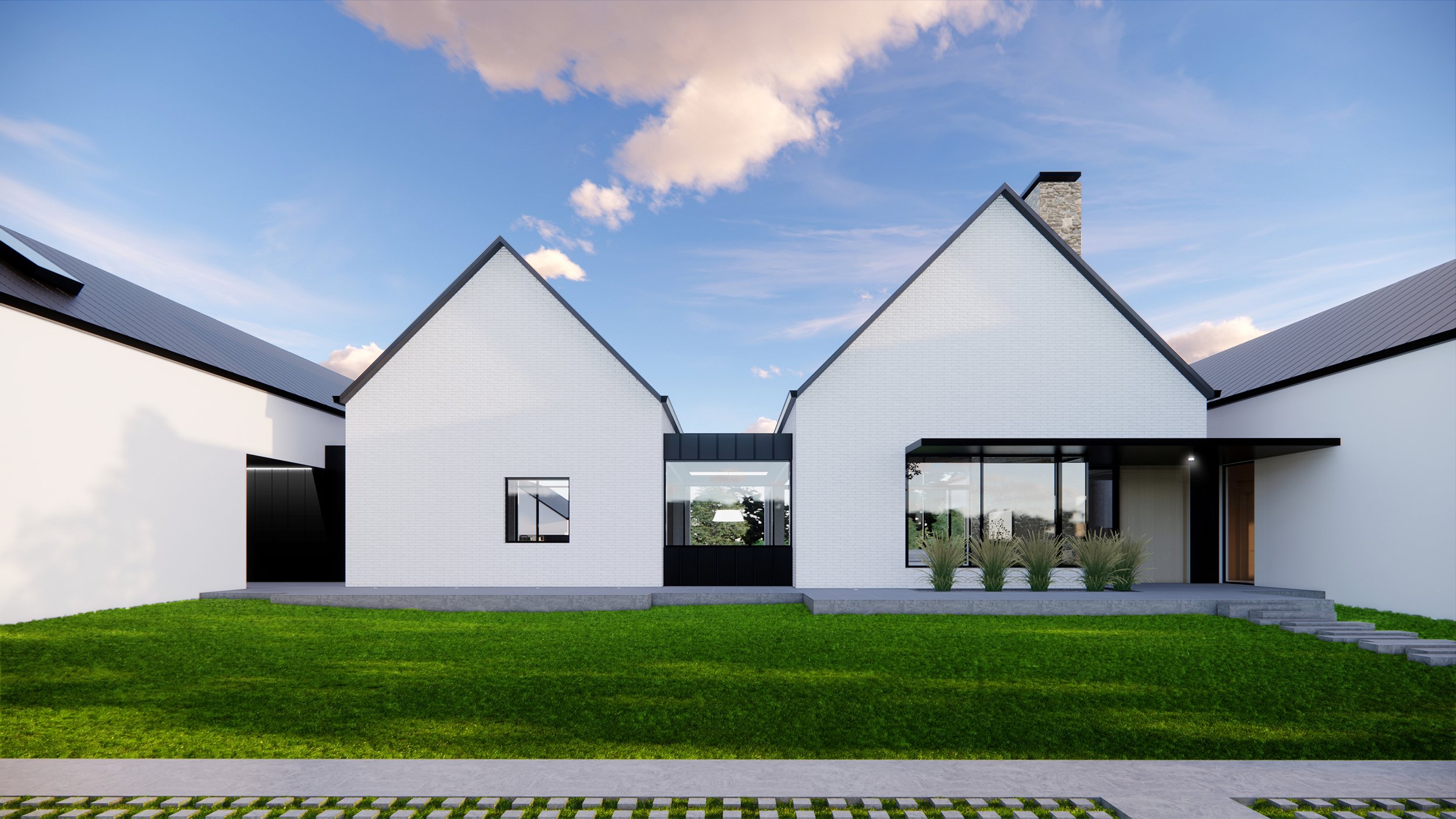 A contemporary interpretation of the vernacular of the American South with pitched roofs, large glass windows, in a contrasting white and black color palette.