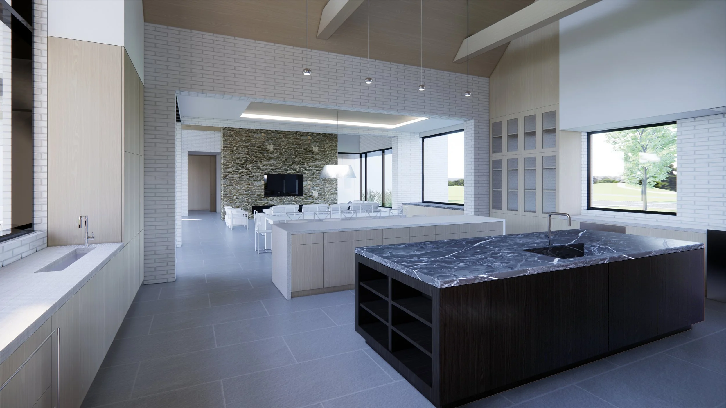 Interior rendering of a modern open-concept kitchen with black marble island, white cabinetry, and large windows overlooking a green outdoor landscape.