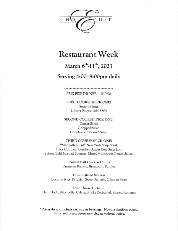 Chop House Restaurant Week Menu