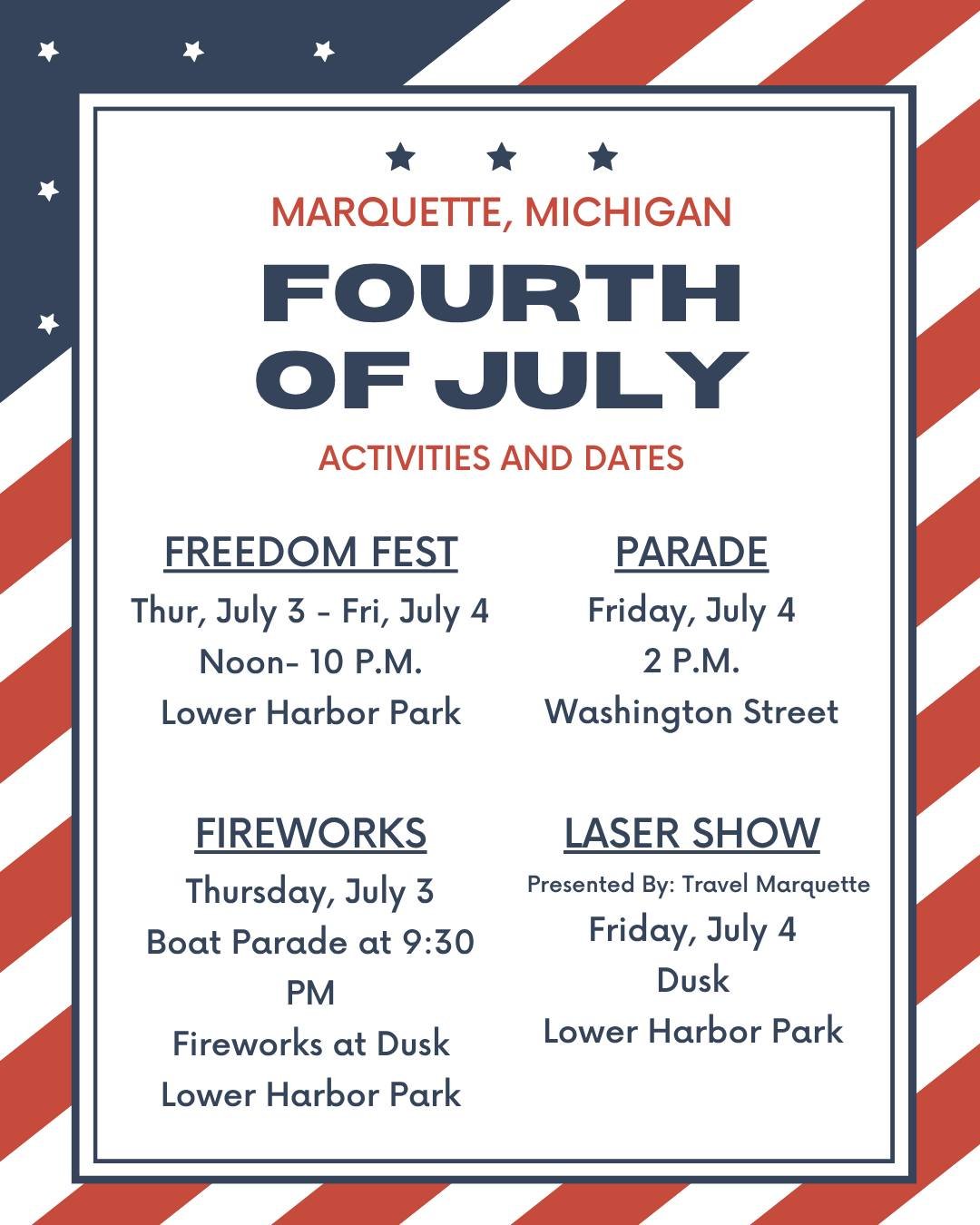 🎆 Celebrate the Fourth in Downtown Marquette!

This Thursday and Friday, Downtown Marquette will be bursting with activity as we celebrate the Fourth of July with Freedom Fest, fireworks, a parade, and a laser light show!

🎶 Freedom Fest takes over