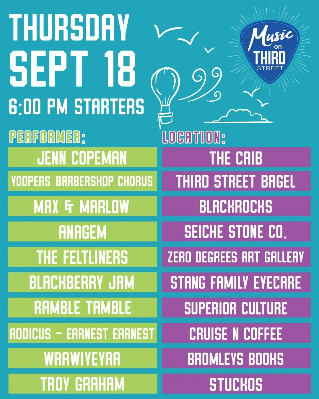 🎶 The final 2025 lineup is here! 🎶

This Thursday from 6&ndash;9 PM, Music on Third closes out the season with 18 locations featuring free live music all along Third Street. With new spots added and a stacked lineup for the finale, this is one you 