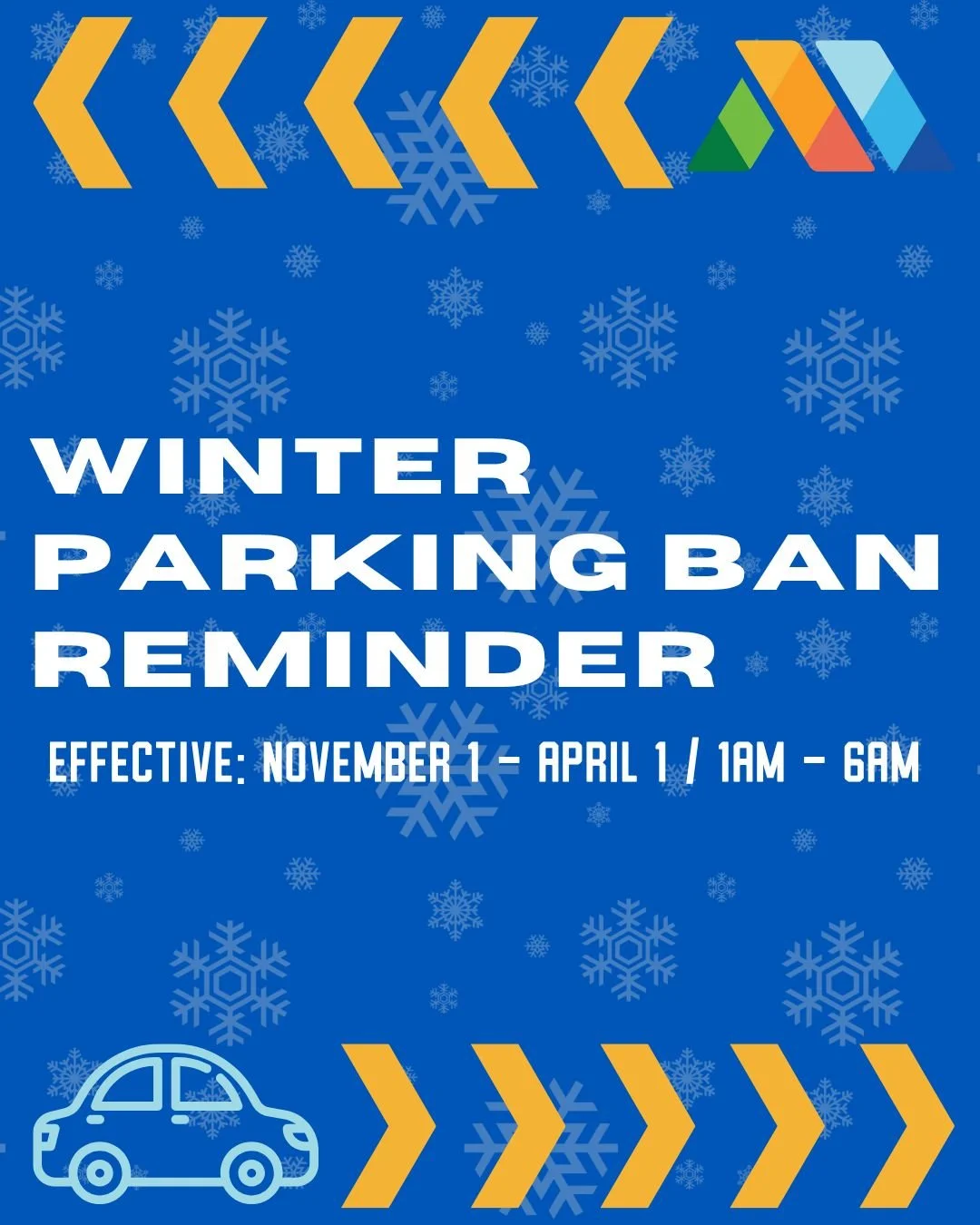 🚗❄️ Reminder: The Winter Parking Ban Is Now in Effect ❄️🚗

As of November 1, the winter parking ban is in place through April 1. No parking is allowed on city streets between 1:00 AM and 6:00 AM to give plows the space they need to keep roads safe 