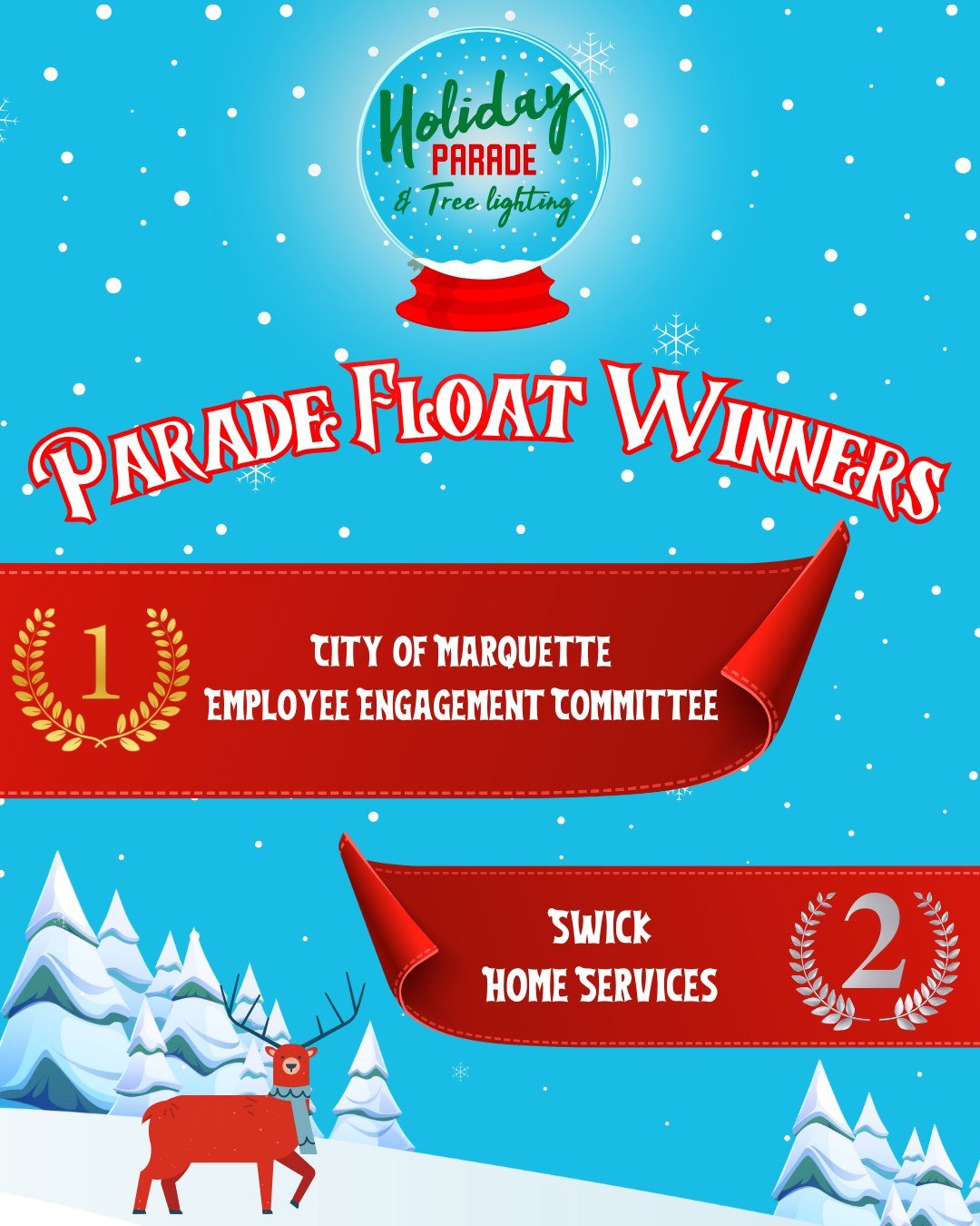 🎄 Holiday Parade Float Winners! 🎄

A big congratulations to our Downtown Marquette Holiday Parade winners! These entries truly brought the holiday spirit and helped kick off the season in a big way last Friday.

🏆 1st Place &ndash; City of Marquet