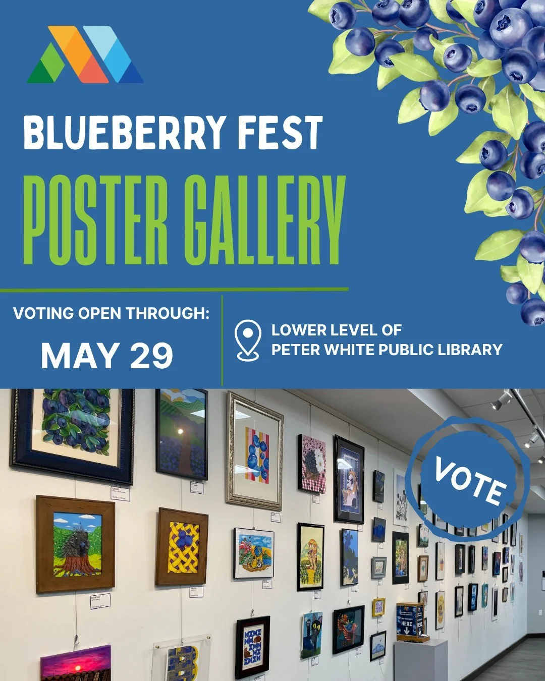 The Blueberry Festival Poster Competition is open for voting now through May 29! 🫐🎨

You can view this year&rsquo;s submissions in person at the lower level of Peter White Public Library, or vote online if you&rsquo;re unable to visit in person.

W