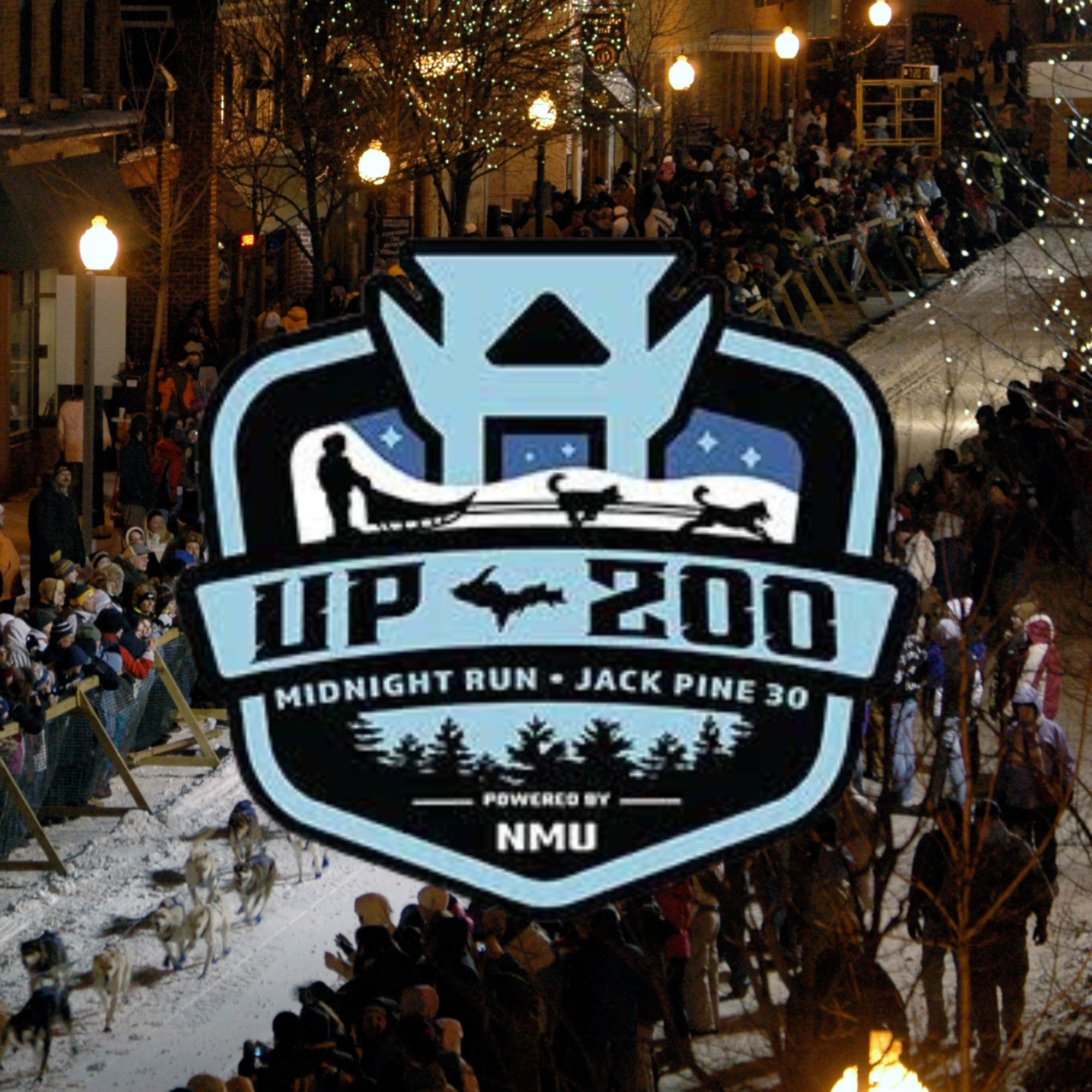 UP200 logo over a photo of the race in downtown Marquette.
