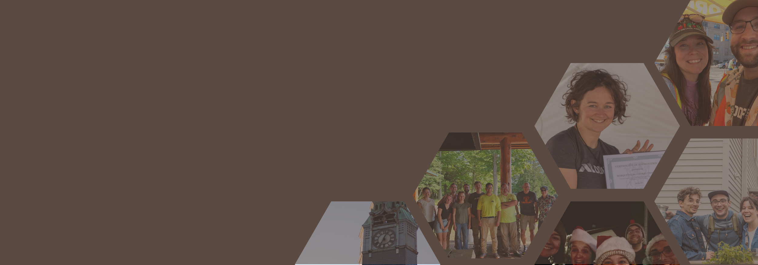 Stylized banner with hexagonal photos of DDA staff and Downtown Marquette.