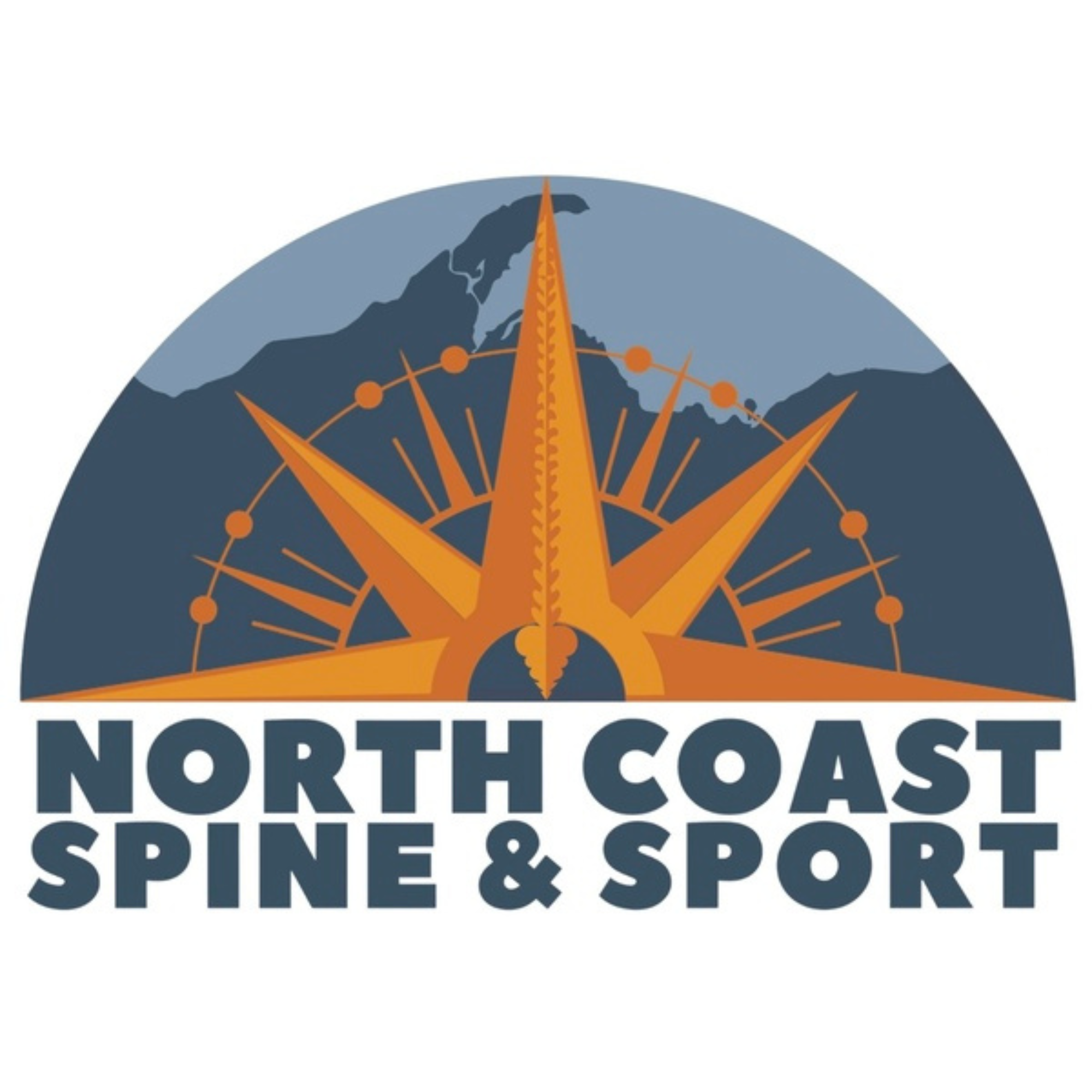 North Coast Spine & Sport's logo featuring half an orange compass over a blue map of the UP.